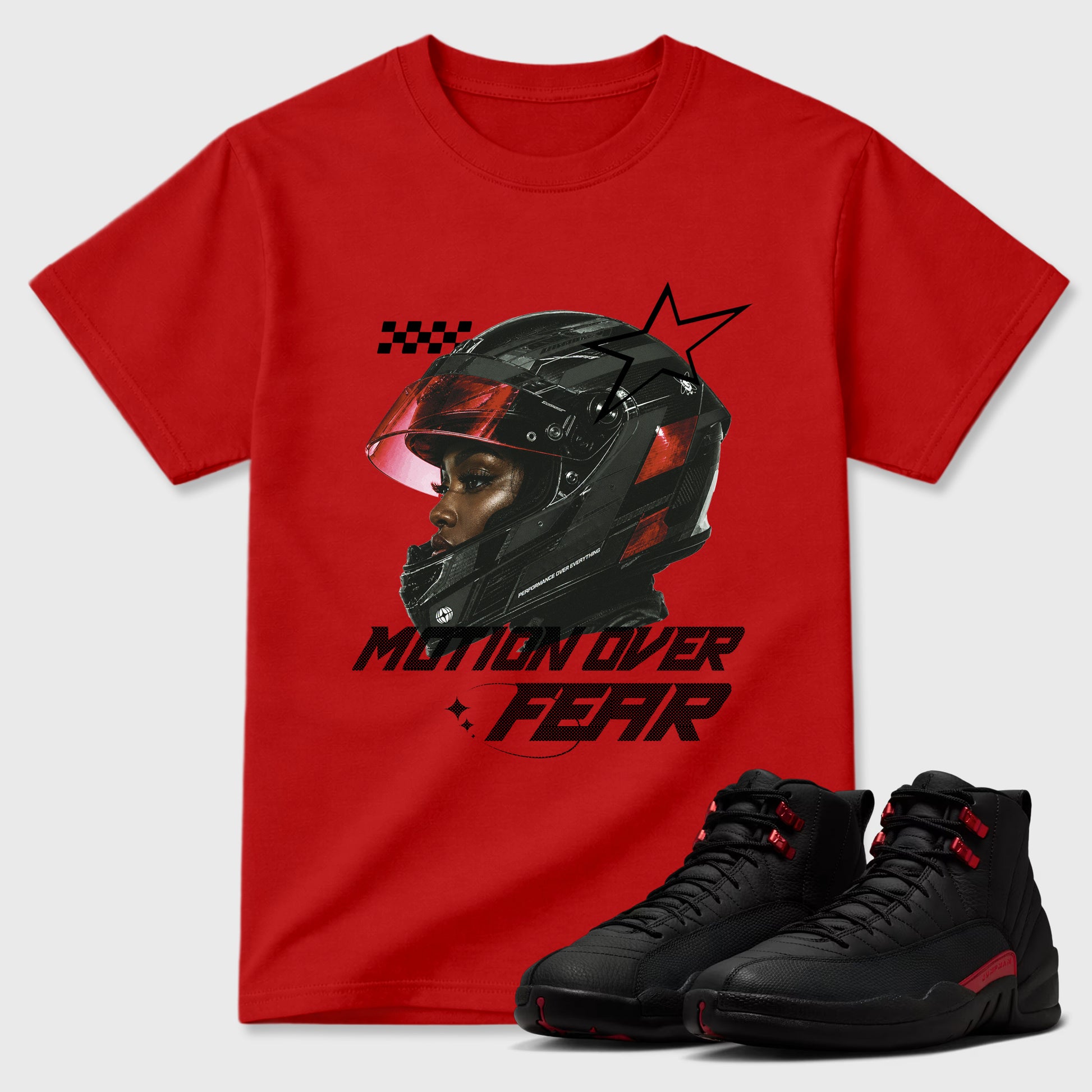 Sneaker match tees – Sneaker Tees To Match Air Jordan 12 Bloodline Shoes – Motion Over Fear Tee Red 1