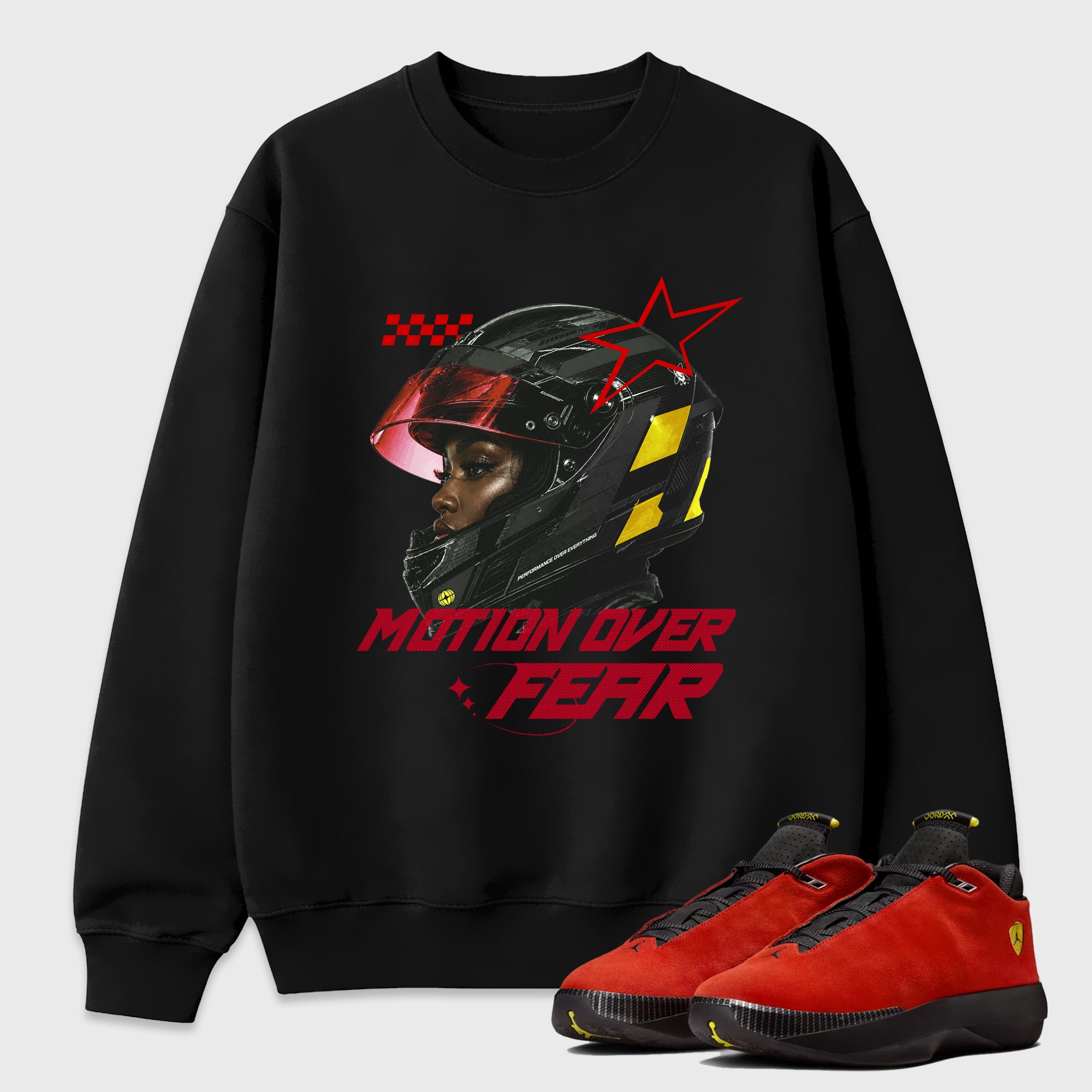 Motion Over Fear Graphic T-Shirt featuring original streetwear artwork designed to match the Air Jordan 14 Challenge Red. Black 1 Graphic Tee.