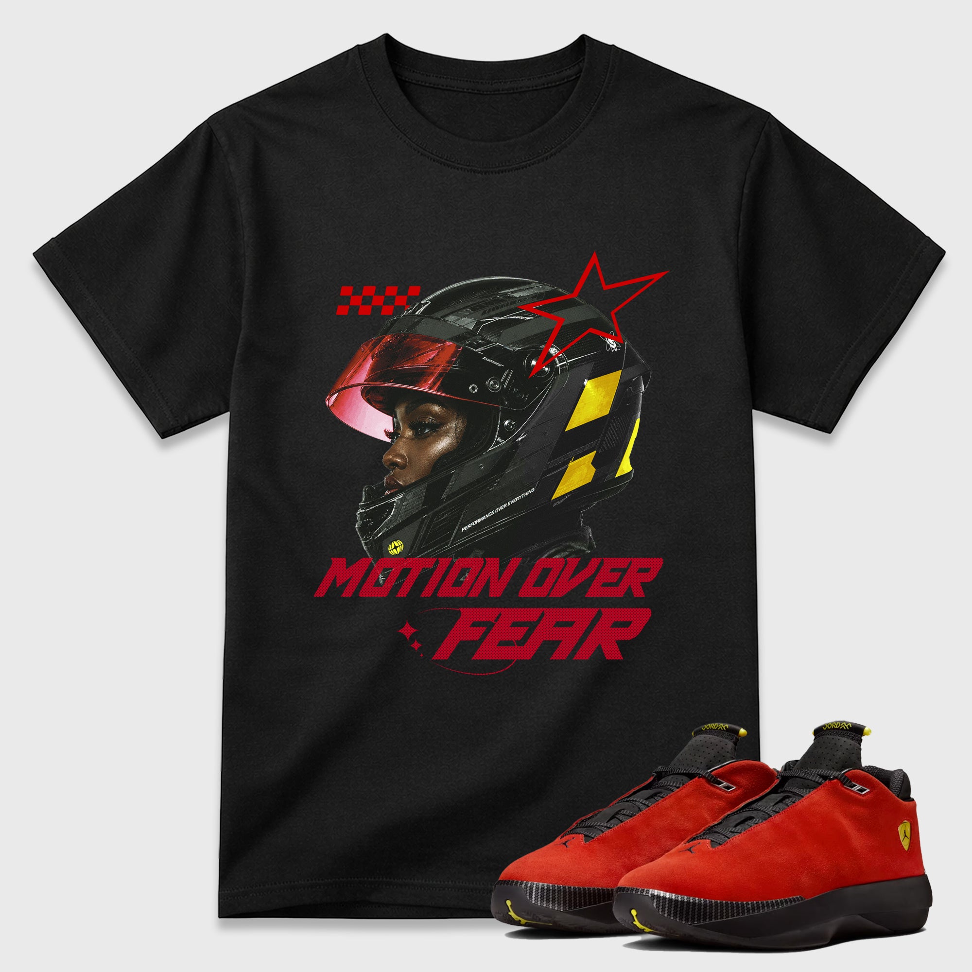 Motion Over Fear Graphic T-Shirt featuring original streetwear artwork designed to match the Air Jordan 14 Challenge Red. Black 1 Graphic T-Shirt.