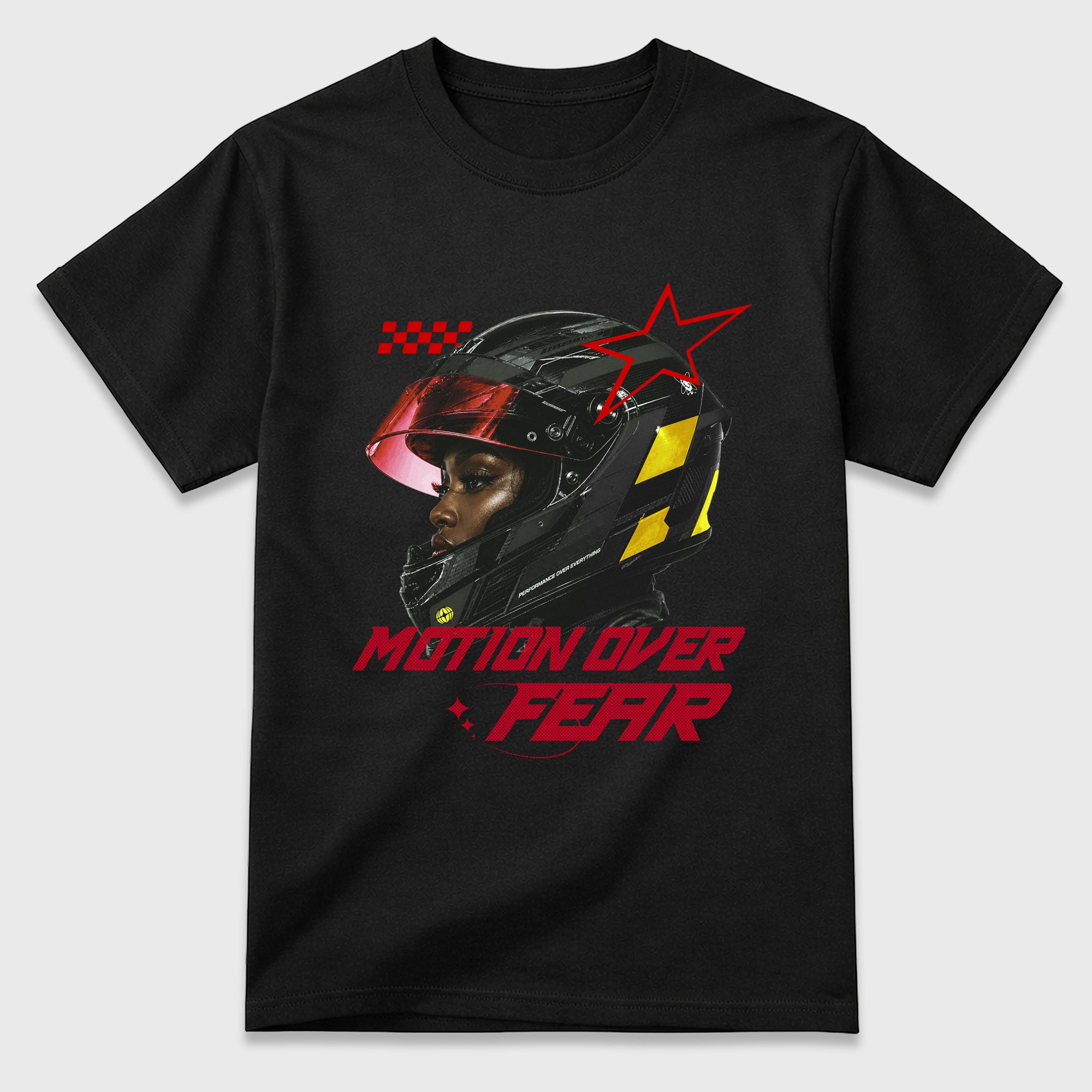 Motion Over Fear Graphic T-Shirt featuring original streetwear artwork designed to match the Air Jordan 14 Challenge Red. Black 2 Graphic T-Shirt.