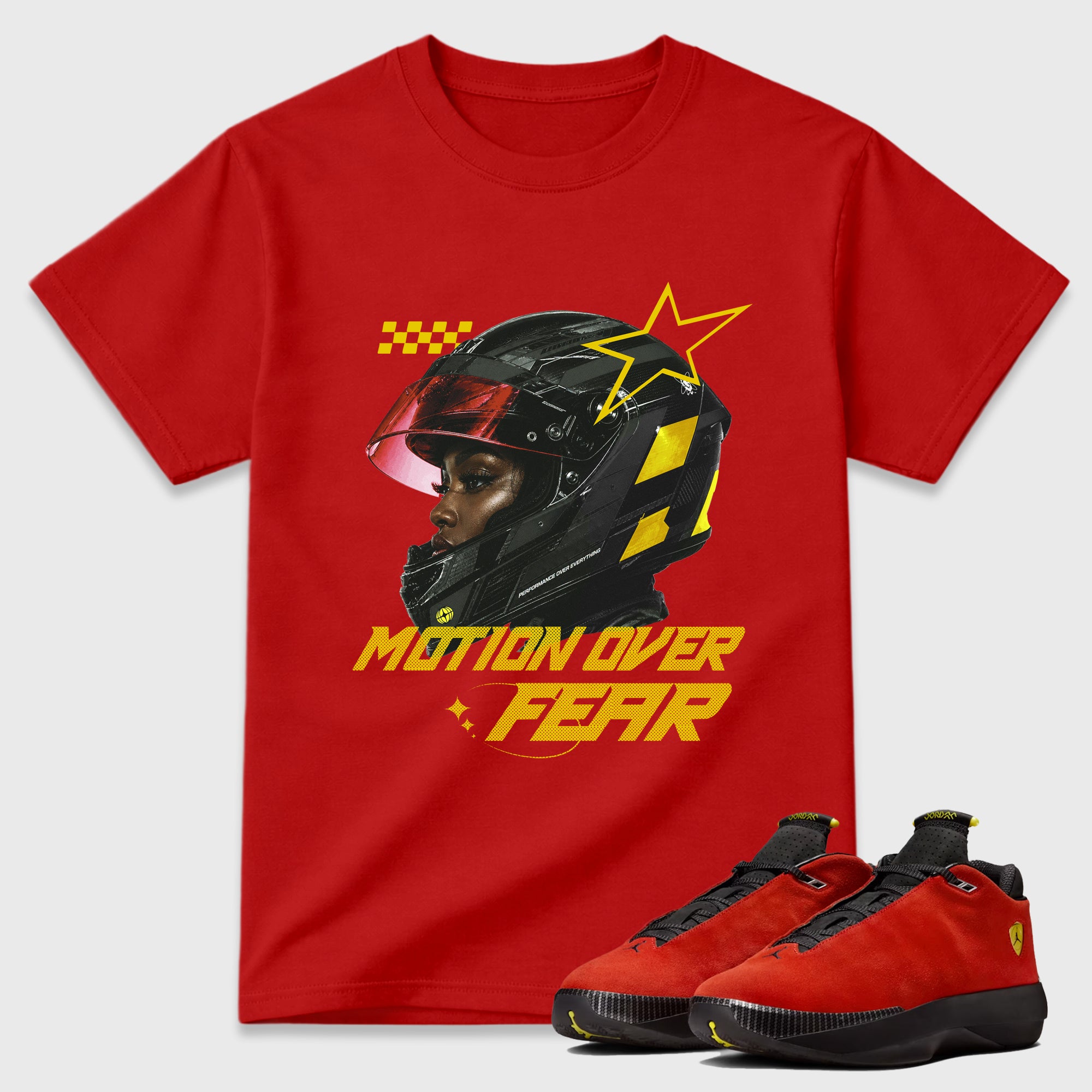 Motion Over Fear Graphic T-Shirt featuring original streetwear artwork designed to match the Air Jordan 14 Challenge Red. Red 1 Graphic T-Shirt.