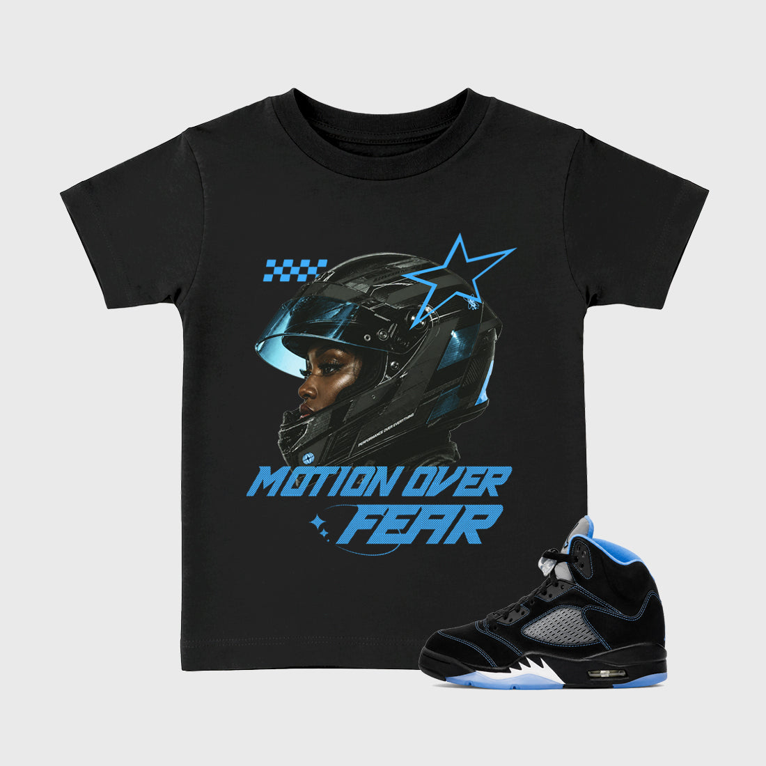 Motion Over Fear affordable baby and kids t-shirt designed to match the Air Jordan 5 Black Carolina, featuring coordinated Black 1 options for the perfect little sneakerhead streetwear look.