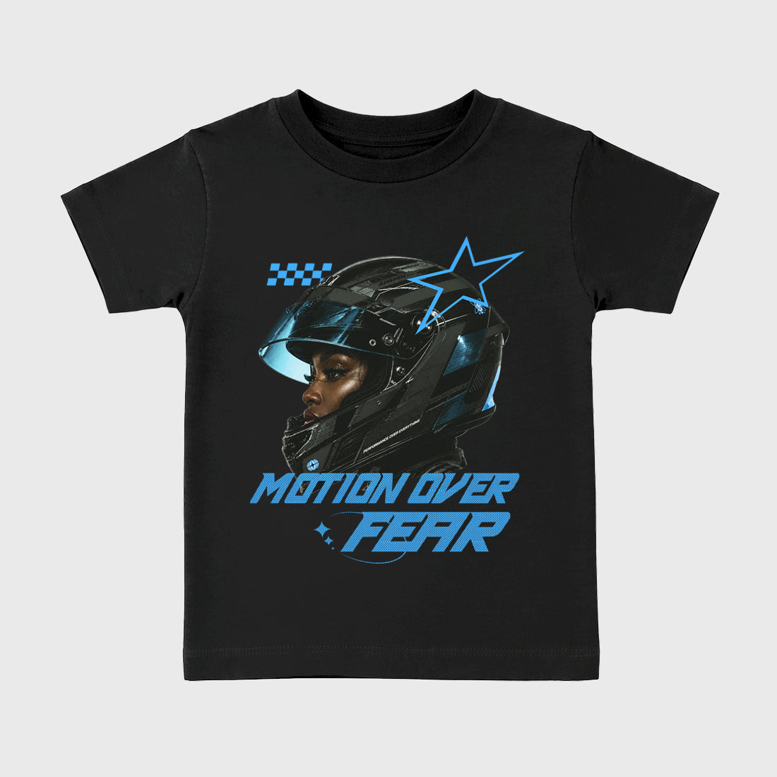 Motion Over Fear affordable baby and kids t-shirt designed to match the Air Jordan 5 Black Carolina, featuring coordinated Black 2 options for the perfect little sneakerhead streetwear look.
