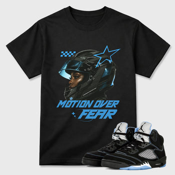 Motion Over Fear Graphic T-Shirt sneaker match tee designed for the Air Jordan 5 Black Carolina, featuring coordinated color options for a perfect streetwear match. Black 1 shirt.