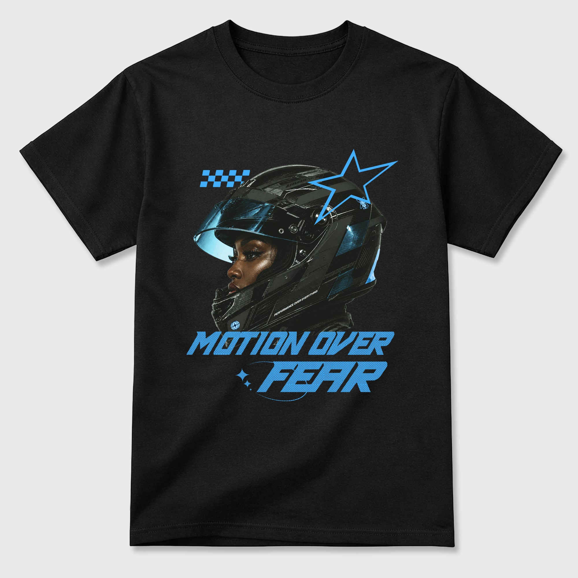 Motion Over Fear Graphic T-Shirt sneaker match tee designed for the Air Jordan 5 Black Carolina, featuring coordinated color options for a perfect streetwear match. Black 2 shirt.