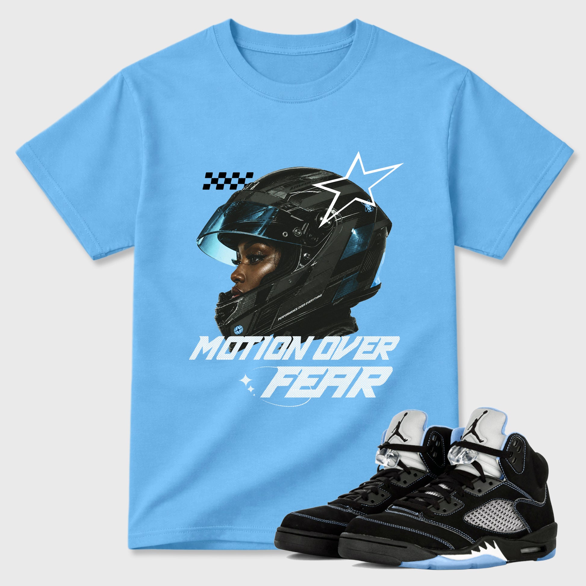 Motion Over Fear Graphic T-Shirt sneaker match tee designed for the Air Jordan 5 Black Carolina, featuring coordinated color options for a perfect streetwear match. Carolina Blue 1 shirt.