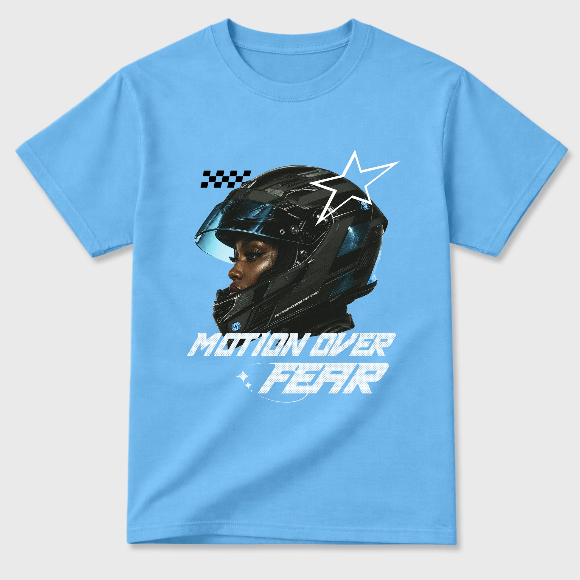 Motion Over Fear Graphic T-Shirt sneaker match tee designed for the Air Jordan 5 Black Carolina, featuring coordinated color options for a perfect streetwear match. Carolina Blue 2 shirt.