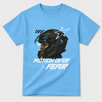 Motion Over Fear Graphic T-Shirt sneaker match tee designed for the Air Jordan 5 Black Carolina, featuring coordinated color options for a perfect streetwear match. Carolina Blue 2 shirt.