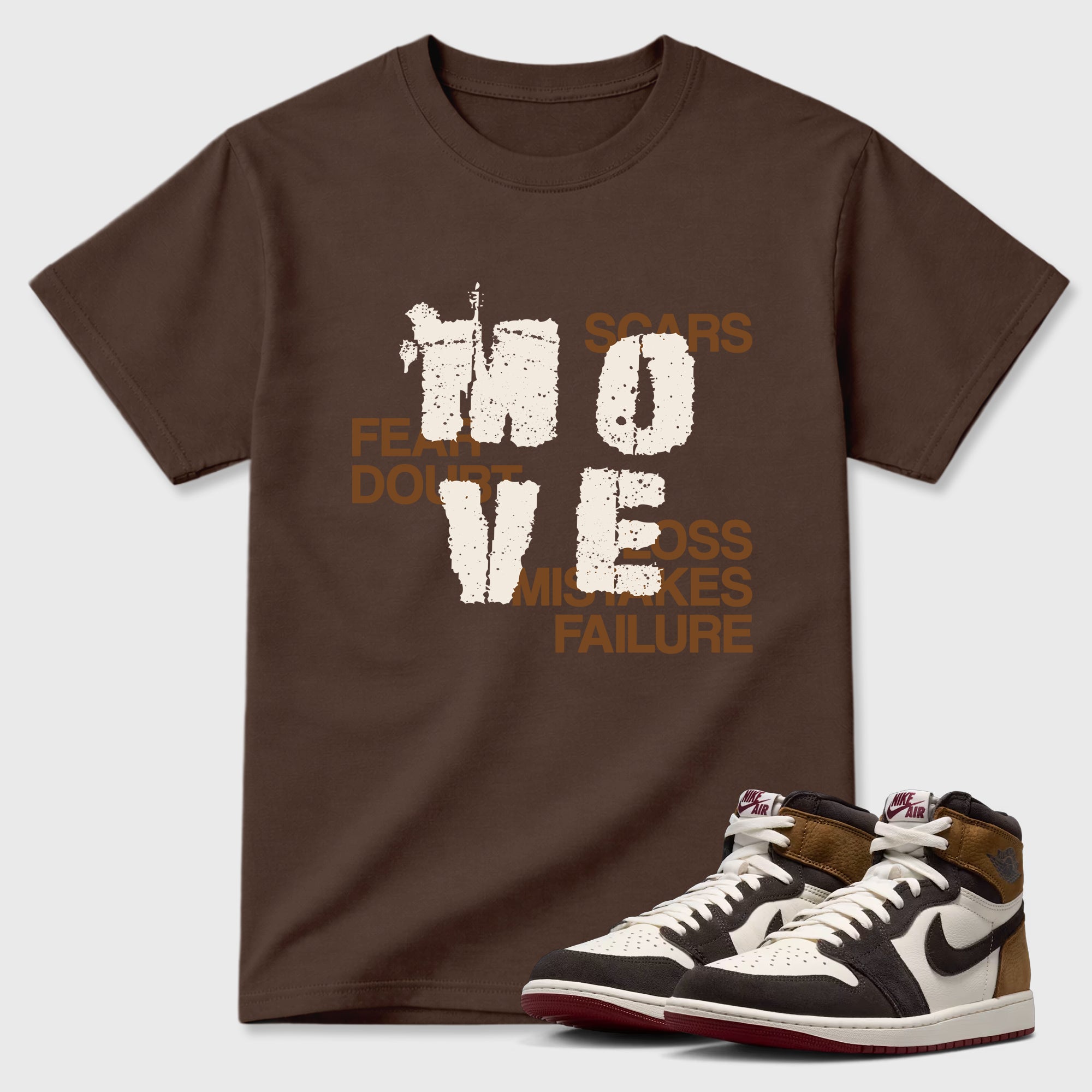 Move Graphic T-Shirt featuring original streetwear artwork designed to match the Air Jordan 1 Love Letter. Dark Chocolate 1 Graphic T-Shirt.