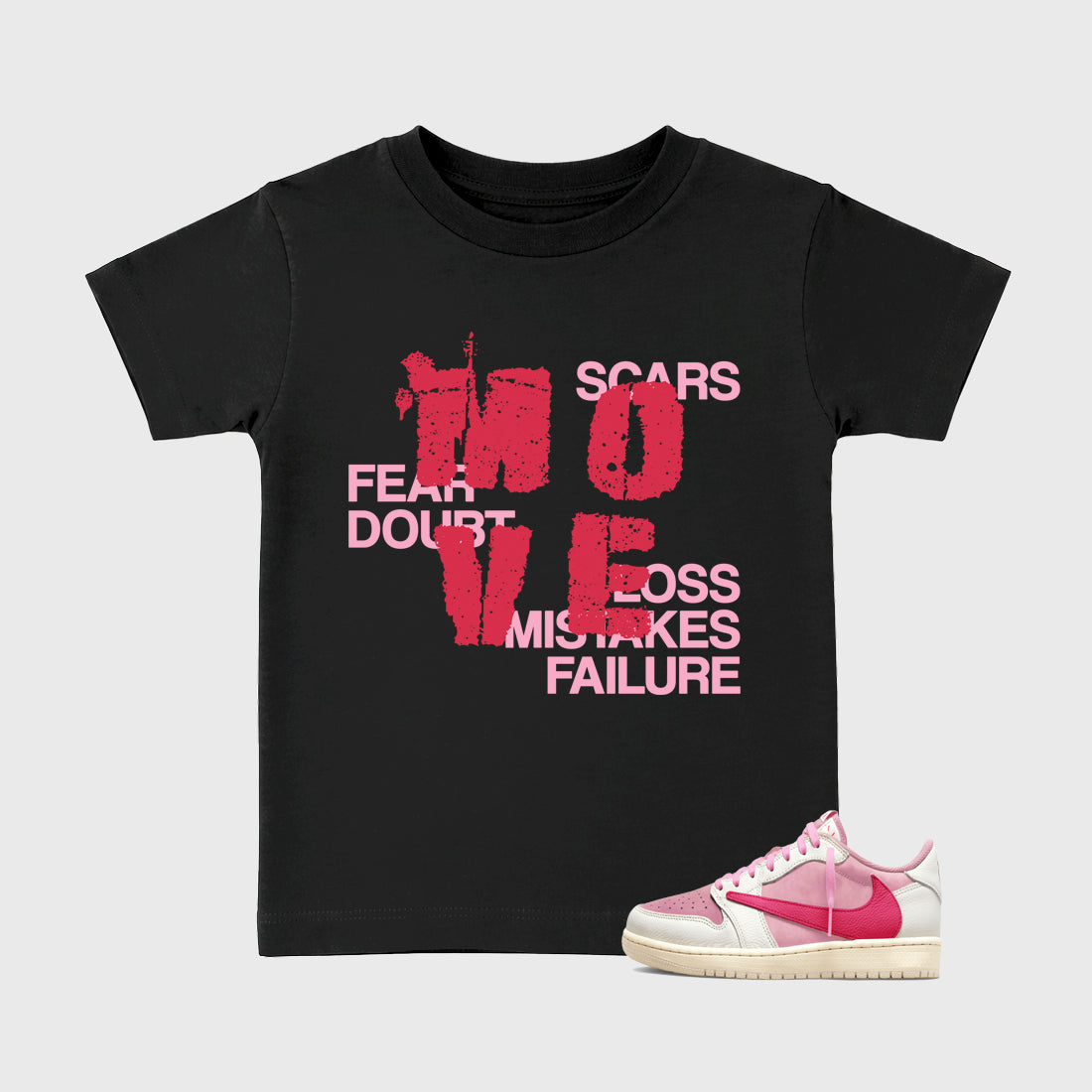 Perfect Sneakerhead Fashion Outfits – Sneaker Tees To Match Air Jordan 1 Low OG x Travis Scott Tropical Pink Shoes – Move Kids Graphic T-Shirt Black 1