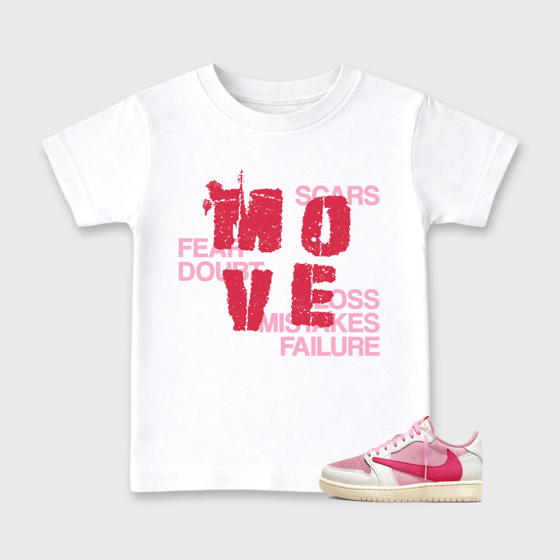 Perfect Sneakerhead Fashion Outfits – Sneaker Tees To Match Air Jordan 1 Low OG x Travis Scott Tropical Pink Shoes – Move Kids Graphic T-Shirt White 1