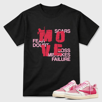 Perfect Sneakerhead Fashion Outfits – Sneaker Tees To Match Air Jordan 1 Low OG x Travis Scott Tropical Pink Shoes – Move Graphic Tee Black 1