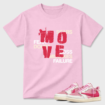 Perfect Sneakerhead Fashion Outfits – Sneaker Tees To Match Air Jordan 1 Low OG x Travis Scott Tropical Pink Shoes – Move Graphic Tee Pink 1