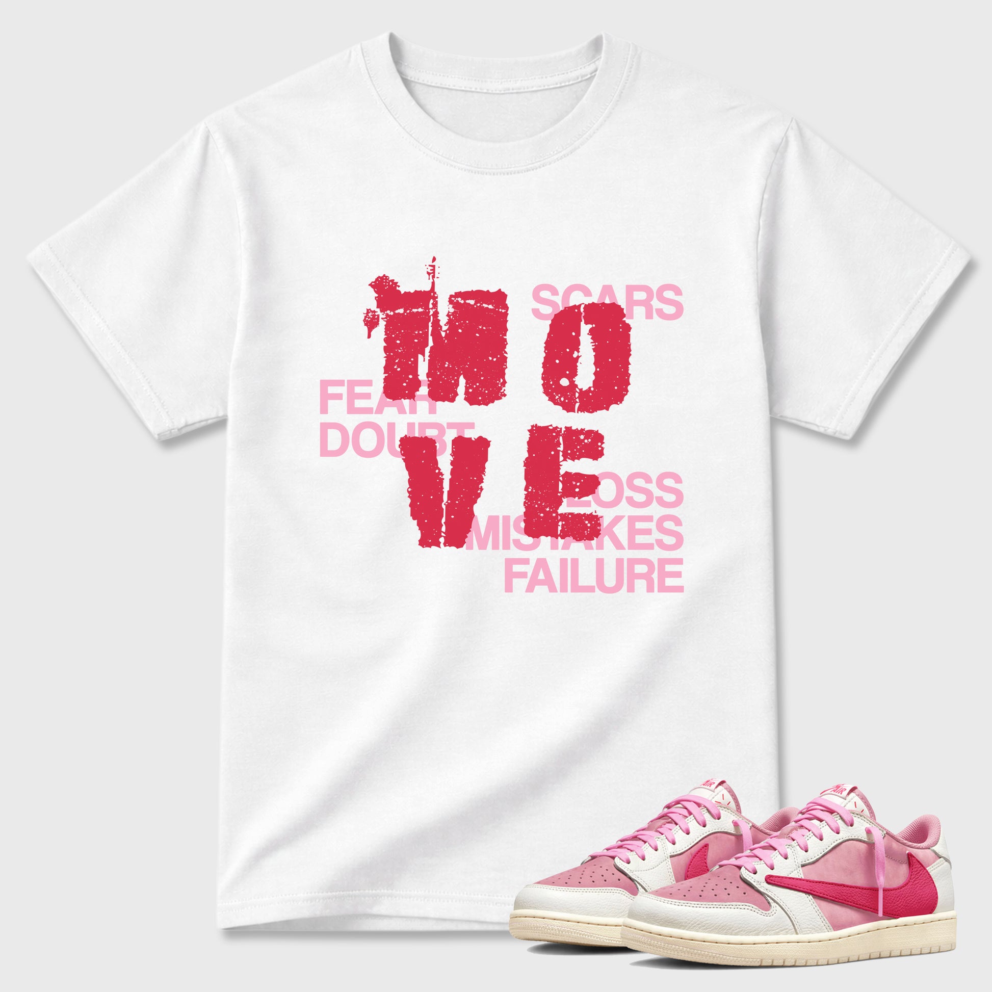 Perfect Sneakerhead Fashion Outfits – Sneaker Tees To Match Air Jordan 1 Low OG x Travis Scott Tropical Pink Shoes – Move Graphic Tee White 1