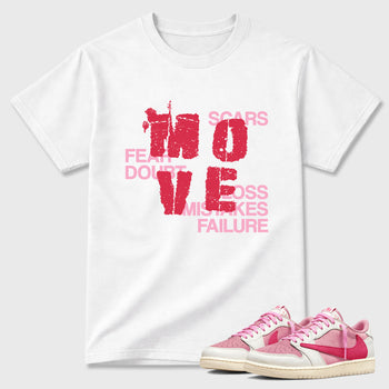 Perfect Sneakerhead Fashion Outfits – Sneaker Tees To Match Air Jordan 1 Low OG x Travis Scott Tropical Pink Shoes – Move Graphic Tee White 1