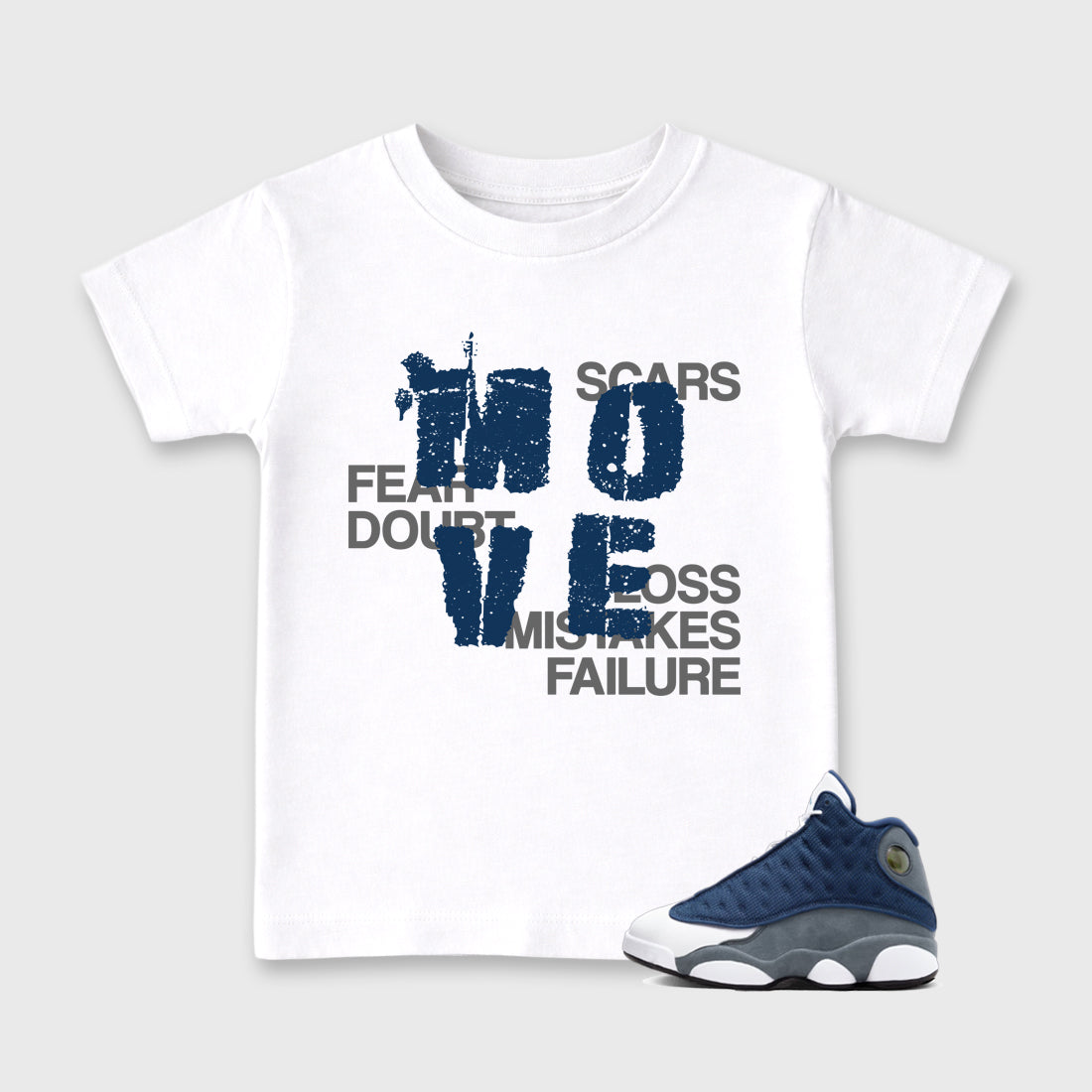 Move Baby & Kids Graphic T-Shirt featuring original artwork designed to match the Air Jordan 13 Flint. White 1 Kids Graphic Tee.