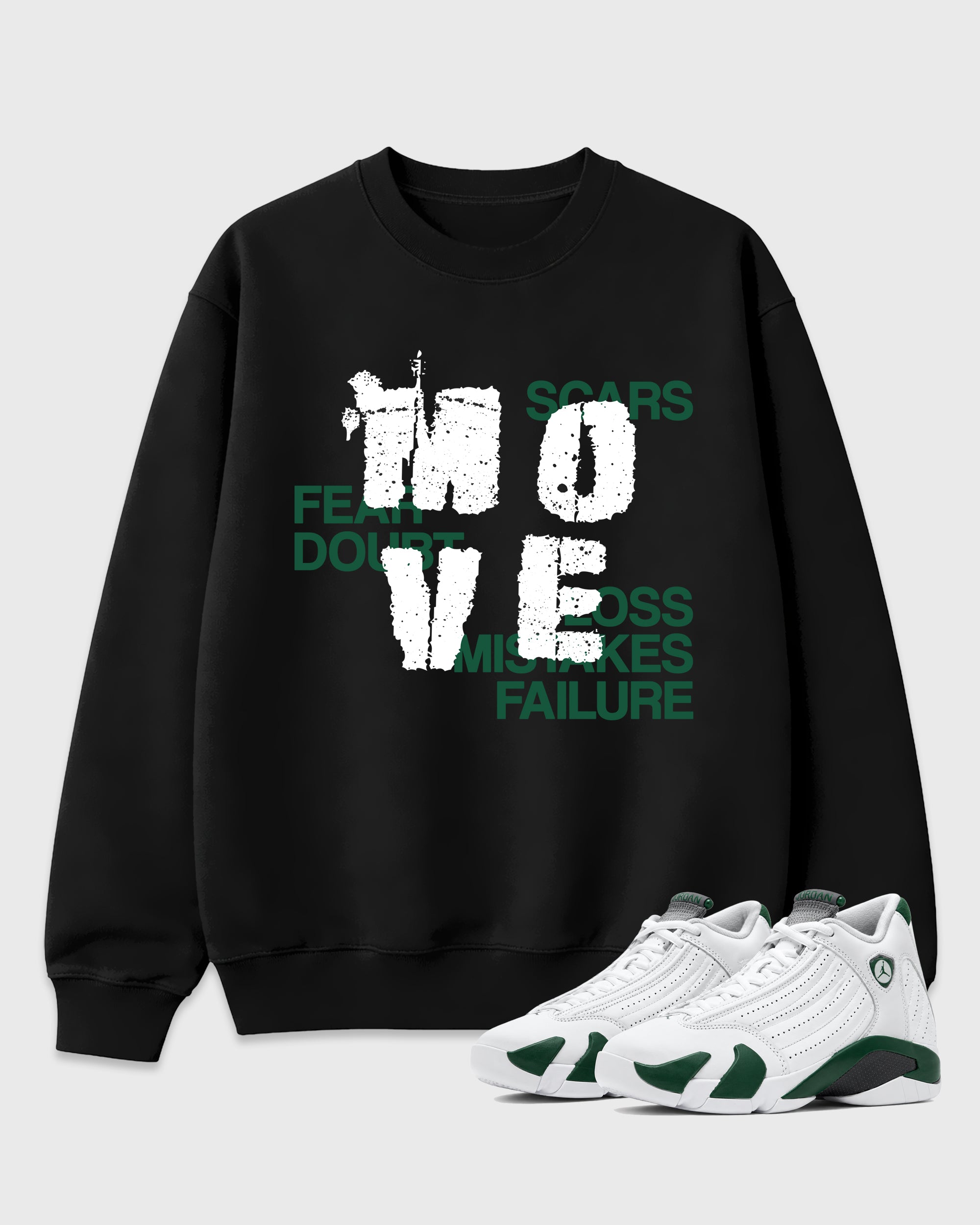 Move Graphic T-Shirt featuring original streetwear artwork designed to match the Air Jordan 14 Forest Green. Black 1 Graphic Tee.