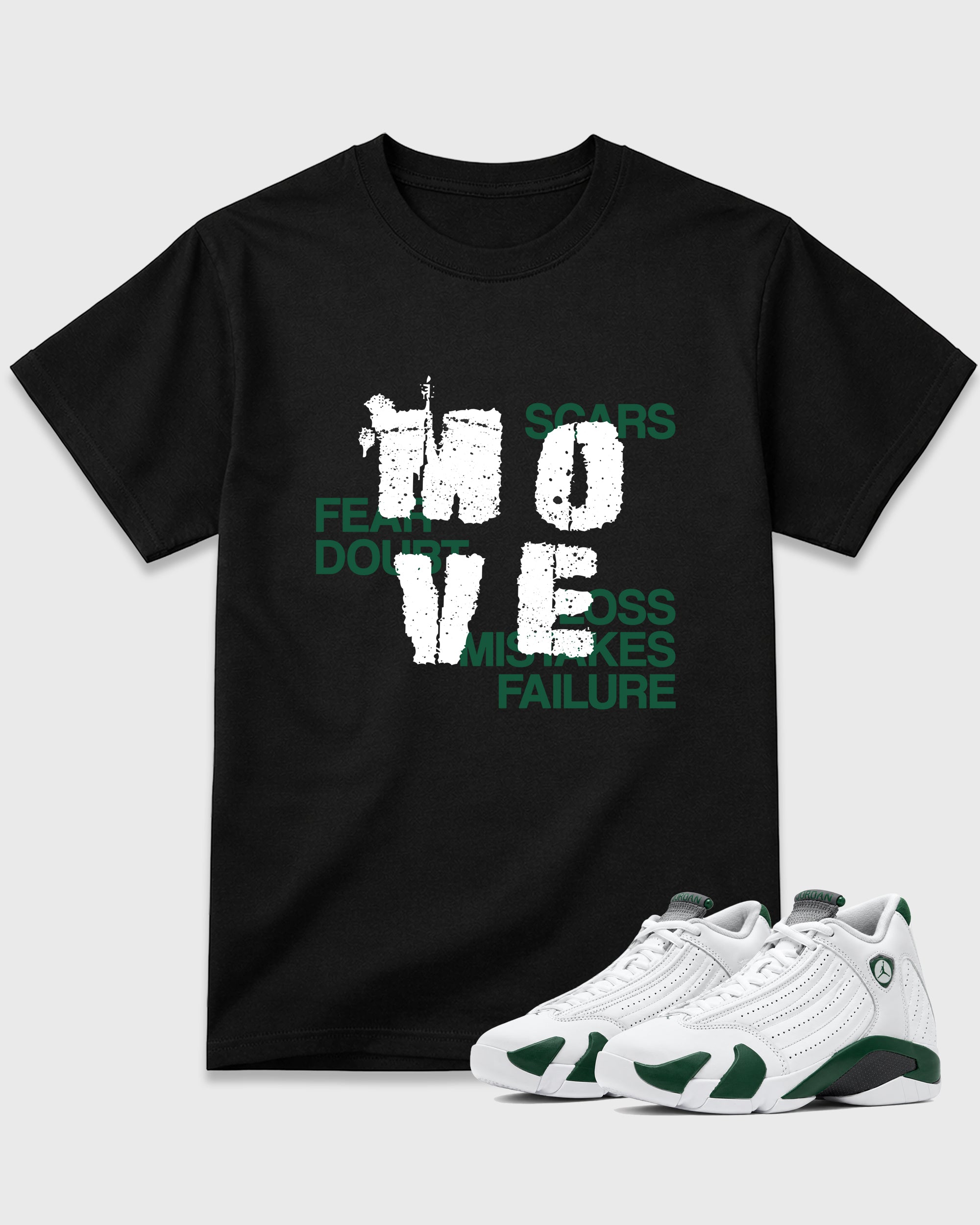 Move Graphic T-Shirt featuring original streetwear artwork designed to match the Air Jordan 14 Forest Green. Black 1 Graphic T-Shirt.