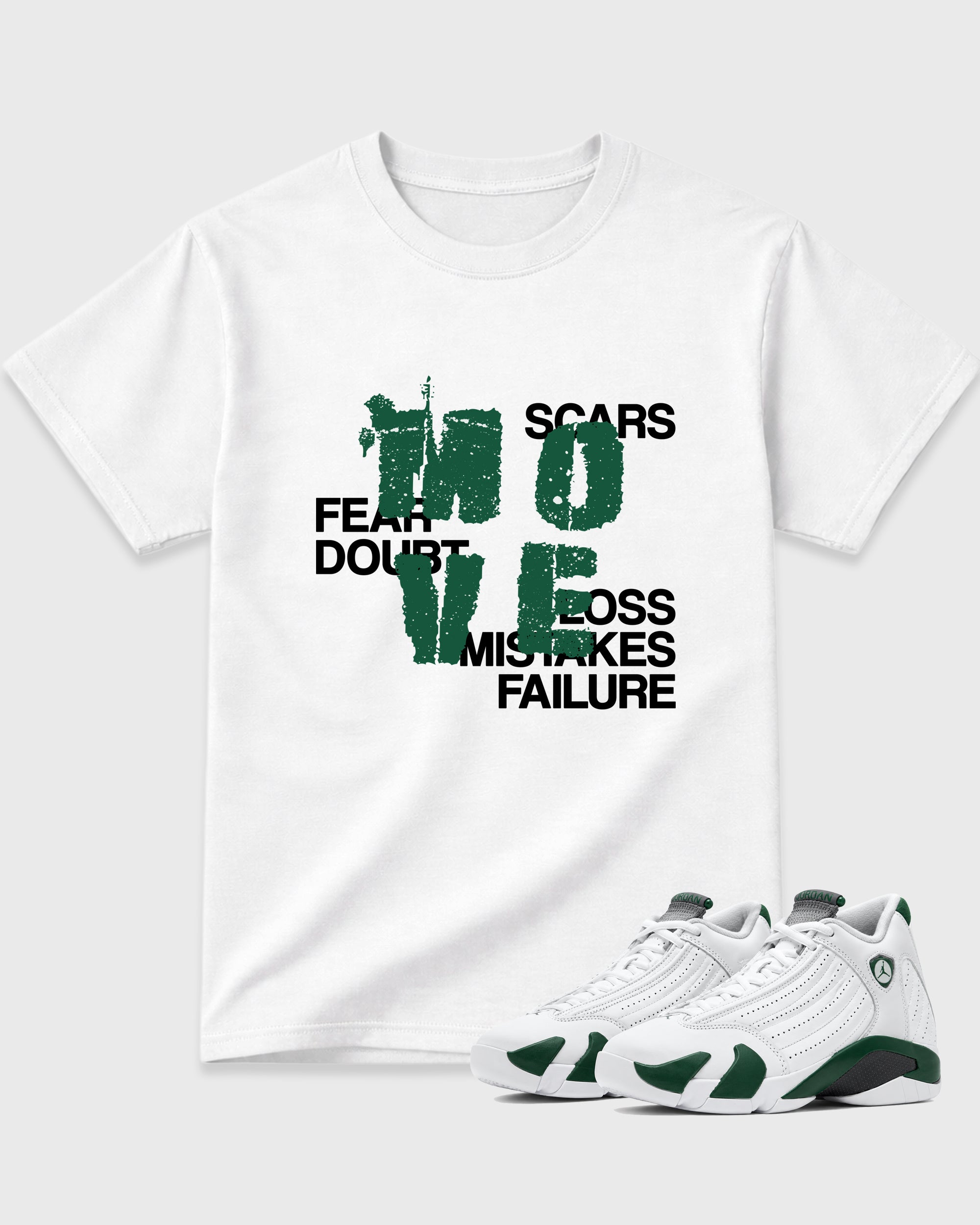 Move Graphic T-Shirt featuring original streetwear artwork designed to match the Air Jordan 14 Forest Green. White 1 Graphic T-Shirt.