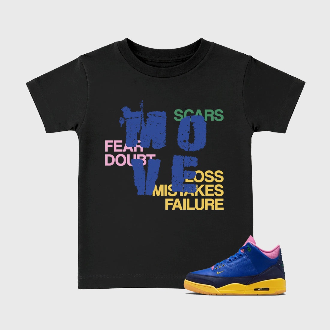 Move affordable baby and kids t-shirt designed to match the Air Jordan 3 Brazil, featuring coordinated Black 1 options for the perfect little sneakerhead streetwear look.