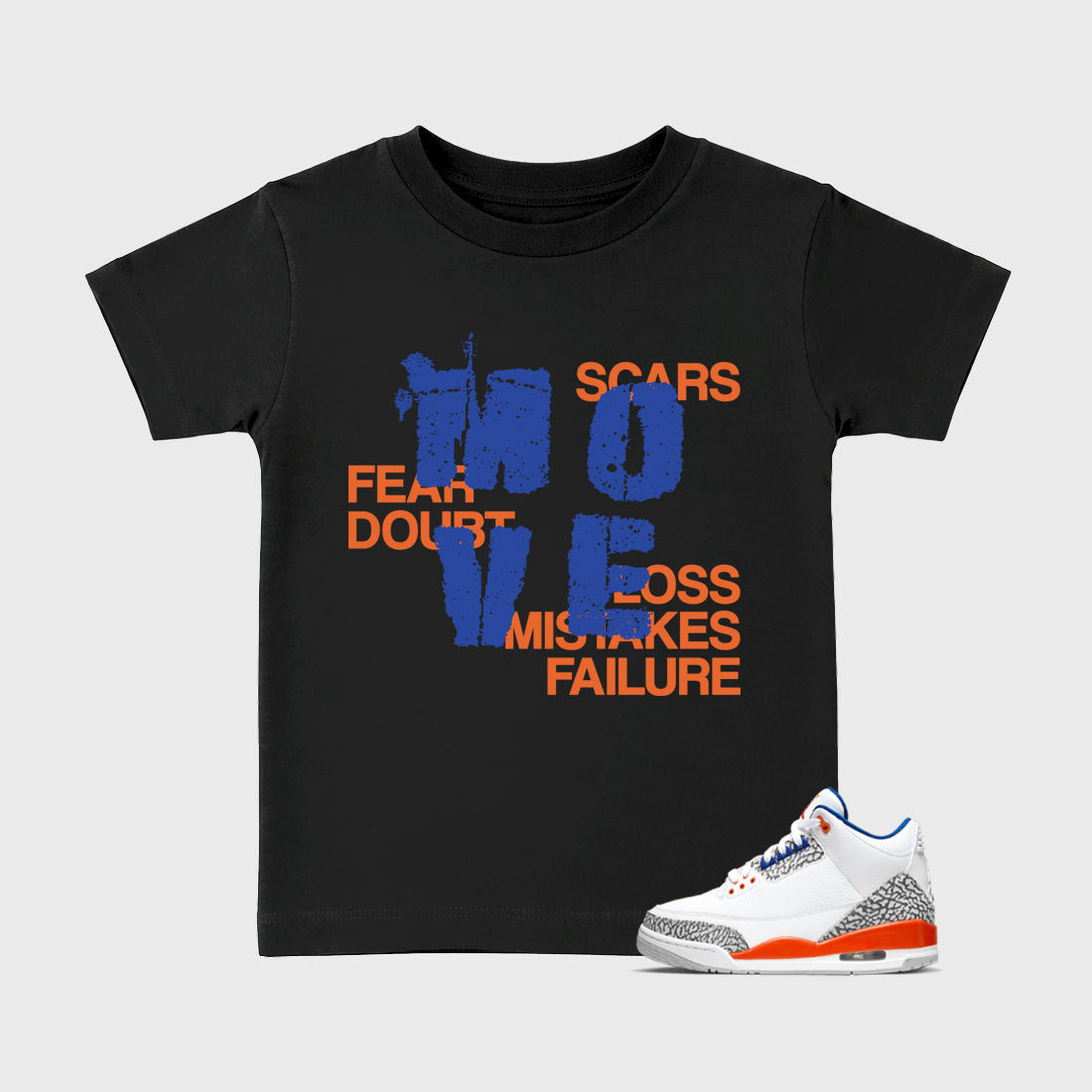 Move affordable baby and kids t-shirt designed to match the Air Jordan 3 Knicks, featuring coordinated Black 1 options for the perfect little sneakerhead streetwear look.