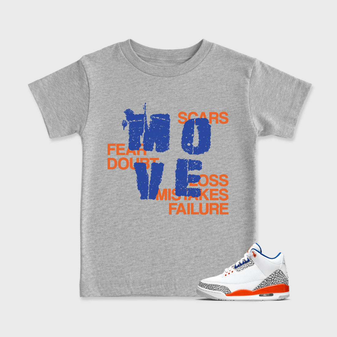 Move affordable baby and kids t-shirt designed to match the Air Jordan 3 Knicks, featuring coordinated Heather Grey 1 options for the perfect little sneakerhead streetwear look.