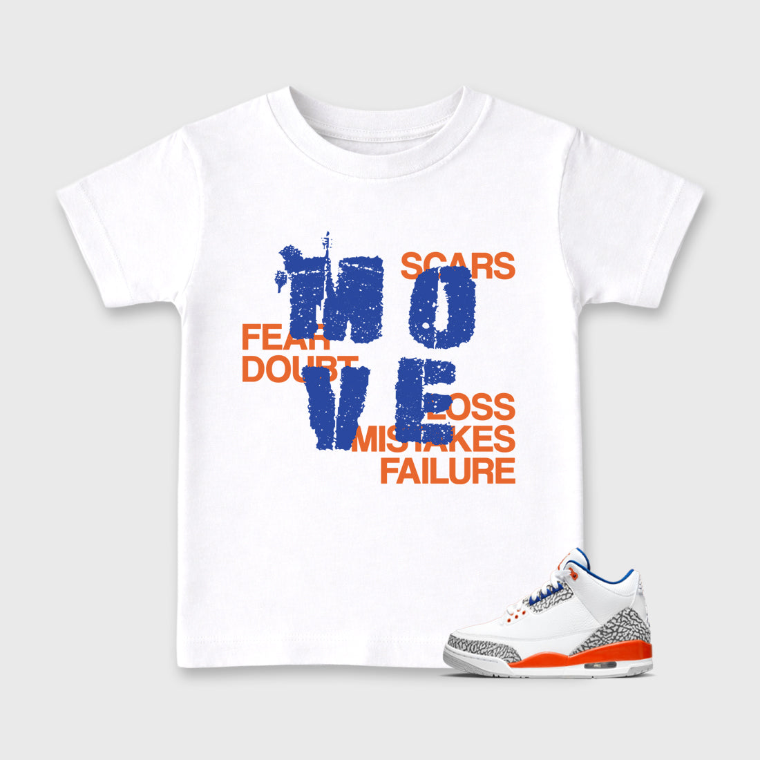 Move affordable baby and kids t-shirt designed to match the Air Jordan 3 Knicks, featuring coordinated White 1 options for the perfect little sneakerhead streetwear look.