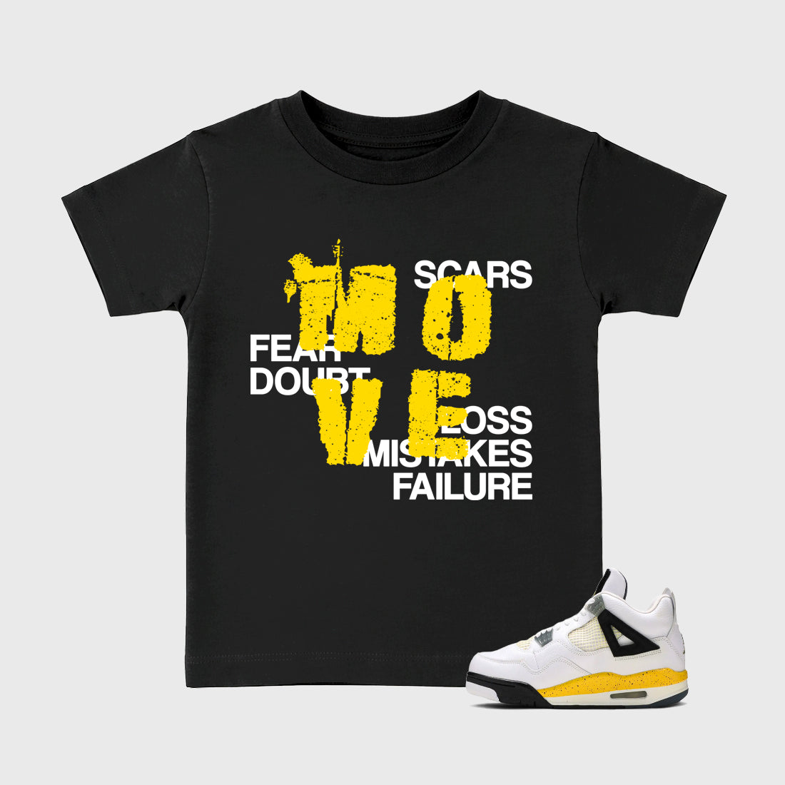 Move Baby & Kids Graphic T-Shirt featuring original artwork designed to match the Air Jordan 4 Tour Yellow. Black 1 Kids Graphic Tee.