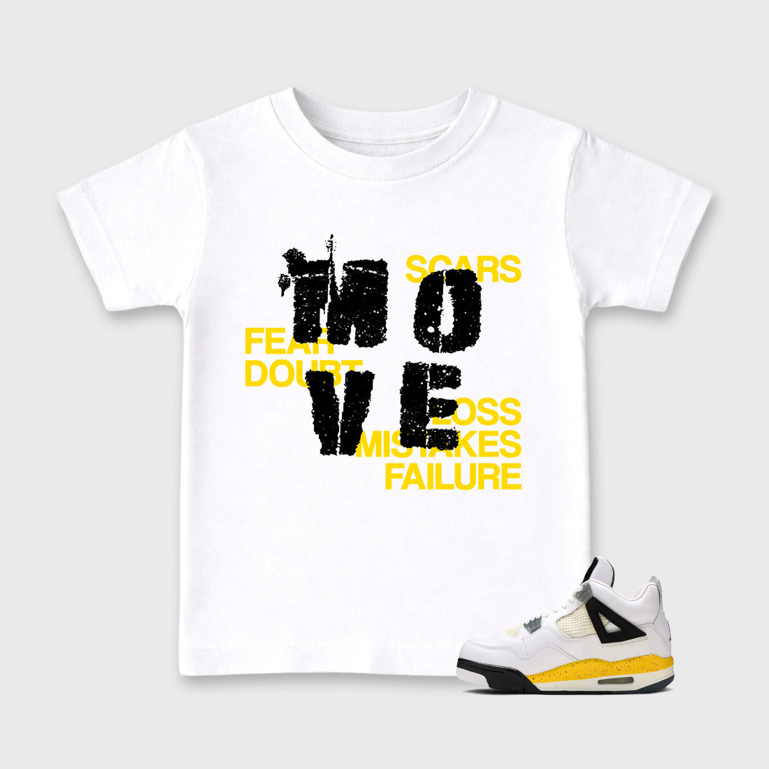 Move Baby & Kids Graphic T-Shirt featuring original artwork designed to match the Air Jordan 4 Tour Yellow. White 1 Kids Graphic Tee.