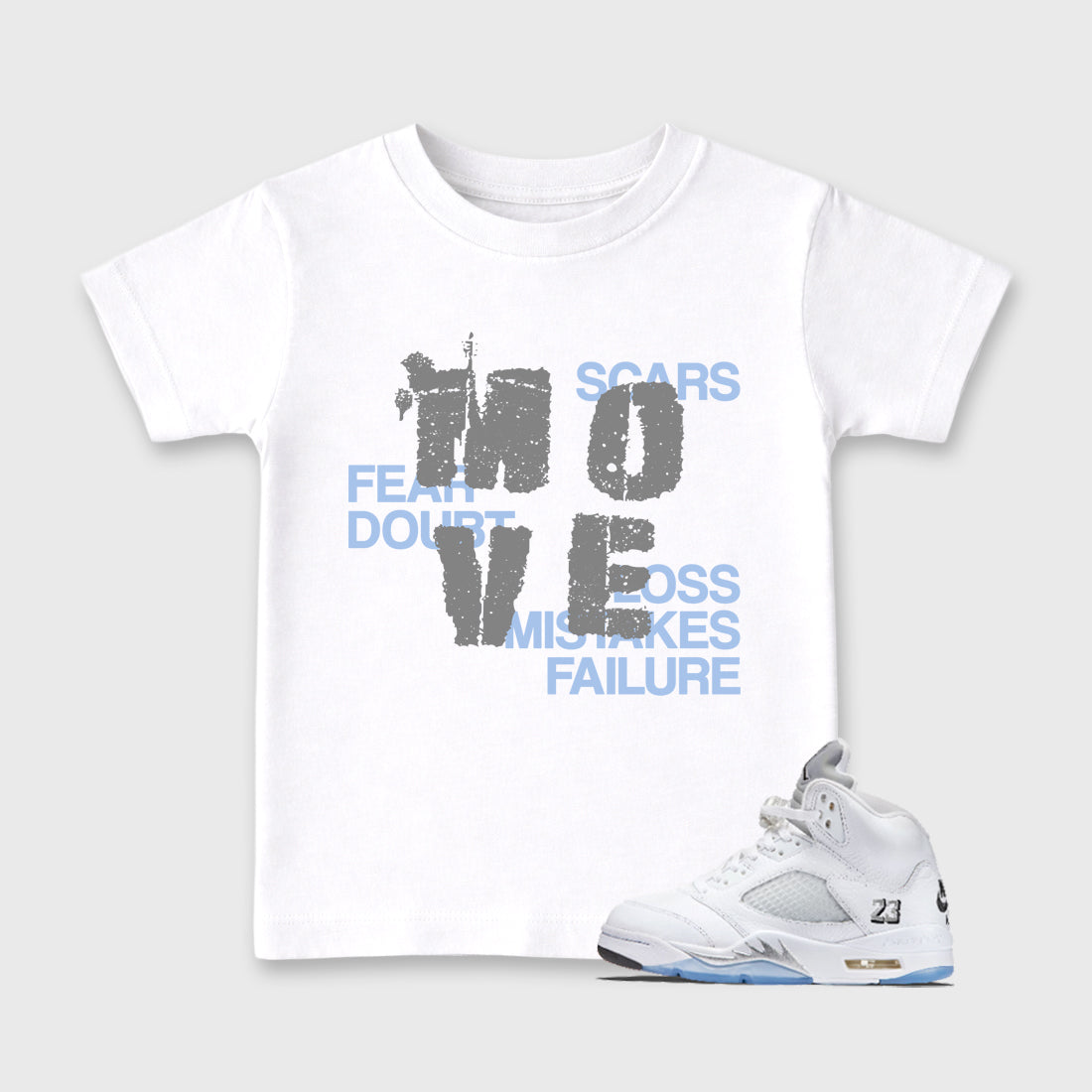 Sneaker match tees – Sneaker Tees To Match Air Jordan 5 White Metallic Shoes – Move Kids T-Shirt White 1