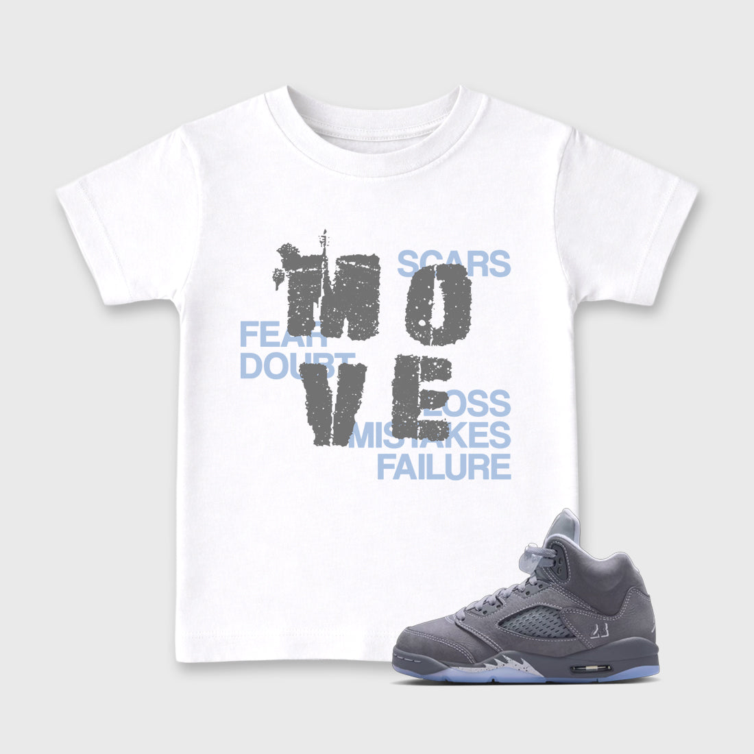 Sneaker match tees – Sneaker Tees To Match Air Jordan 5 Wolf Grey Shoes – Move Kids T-Shirt White 1