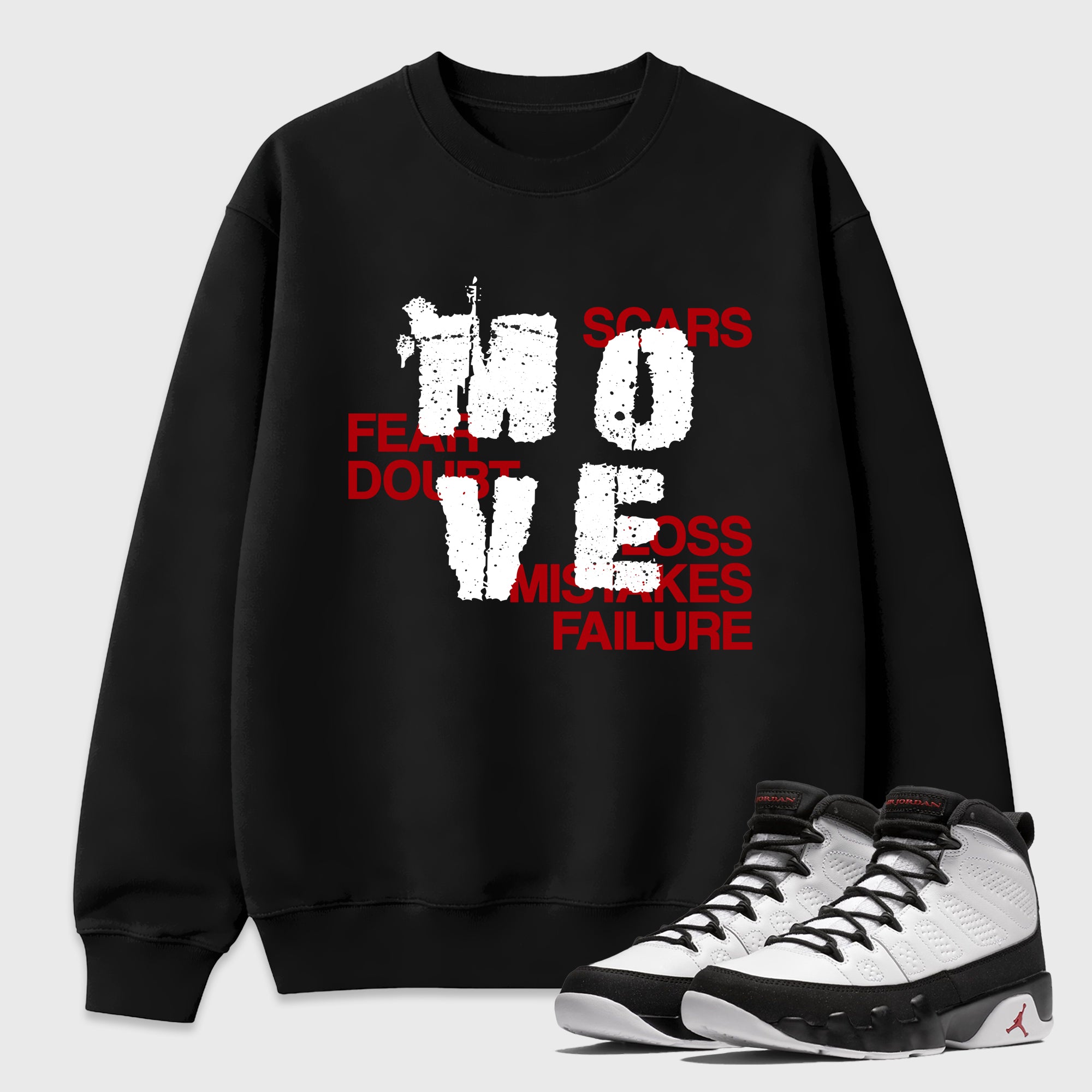Move Graphic T-Shirt featuring original streetwear artwork designed to match the Air Jordan 9 True Red. Black 1 Graphic Tee.
