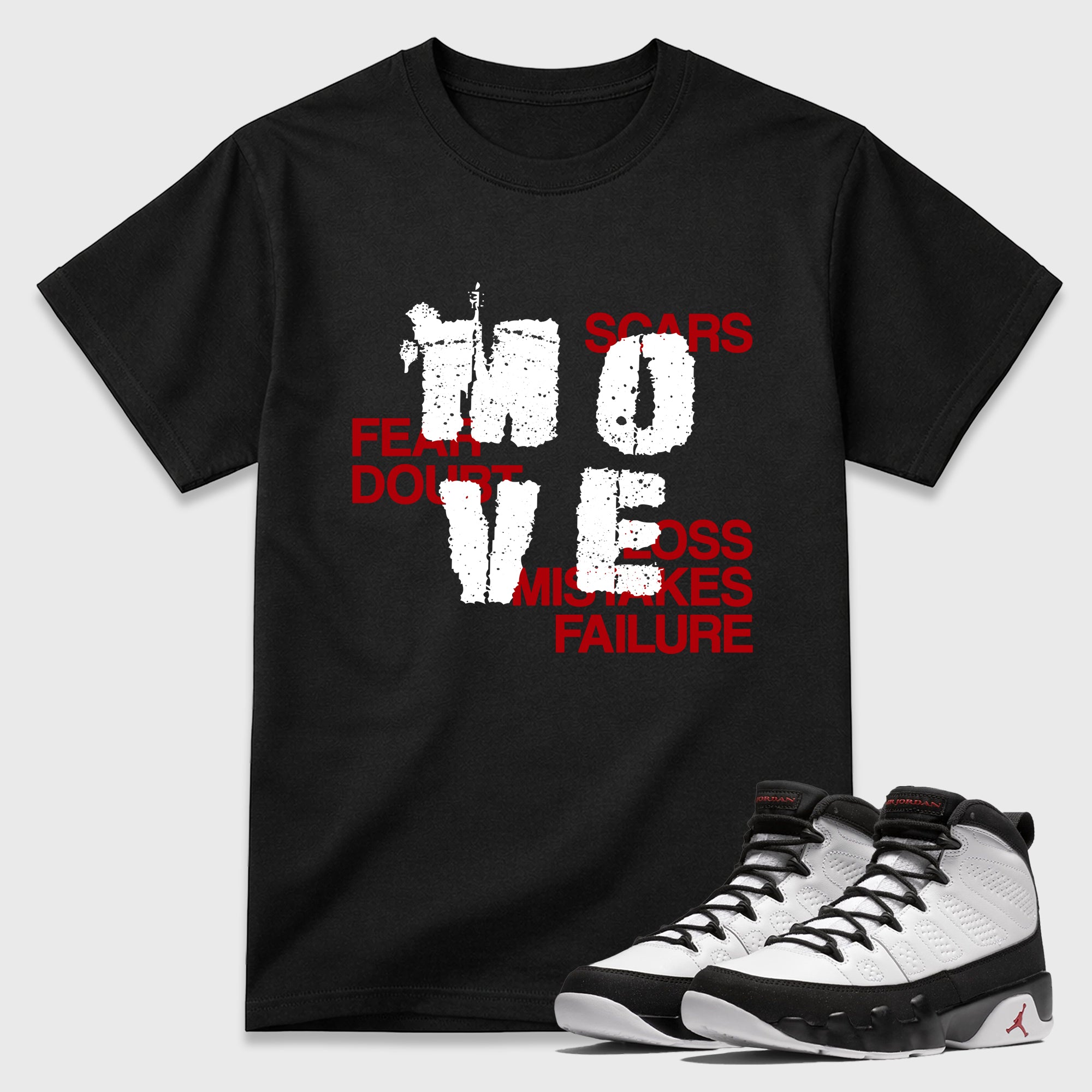 Move Graphic T-Shirt featuring original streetwear artwork designed to match the Air Jordan 9 True Red. Black 1 Graphic T-Shirt.