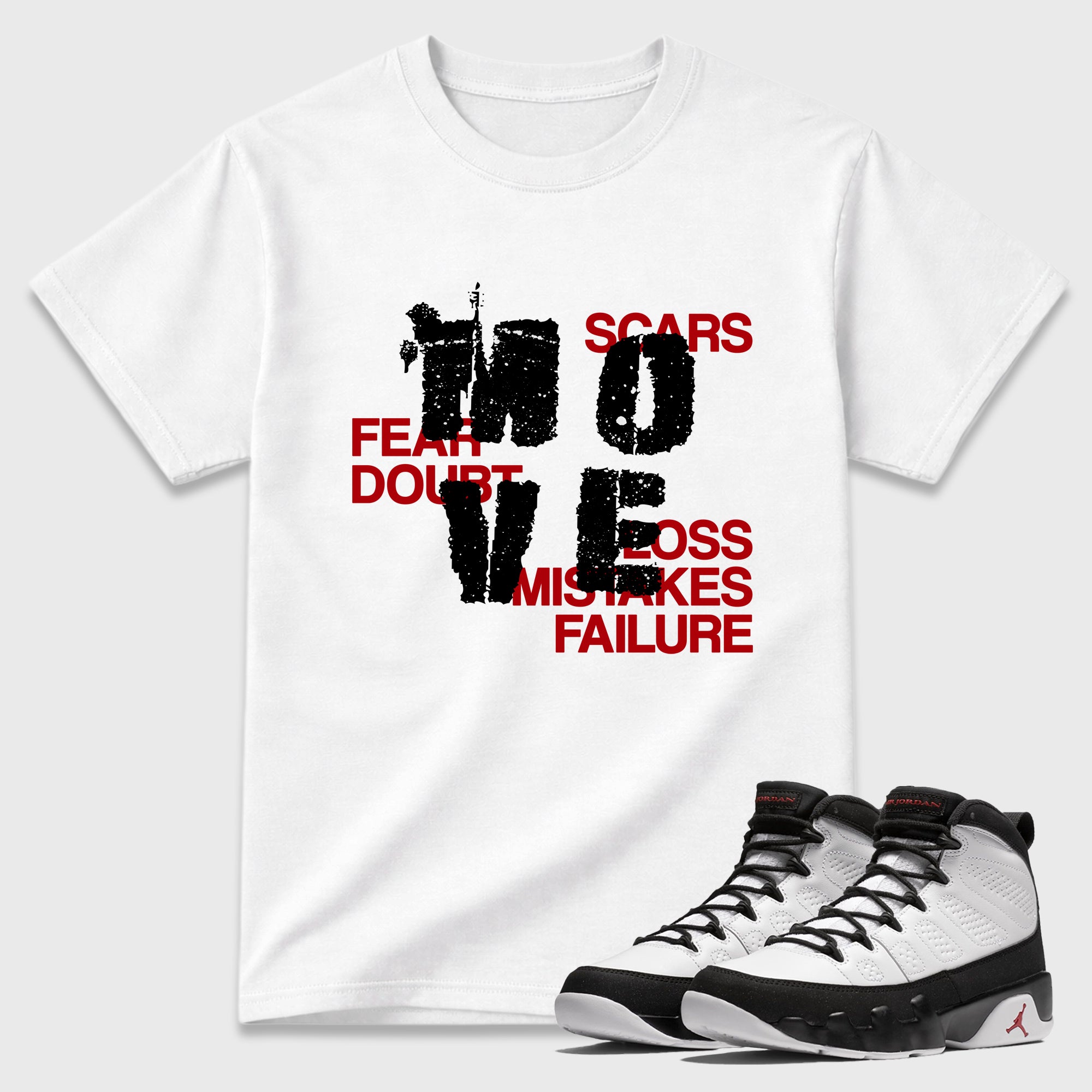 Move Graphic T-Shirt featuring original streetwear artwork designed to match the Air Jordan 9 True Red. White 1 Graphic T-Shirt.