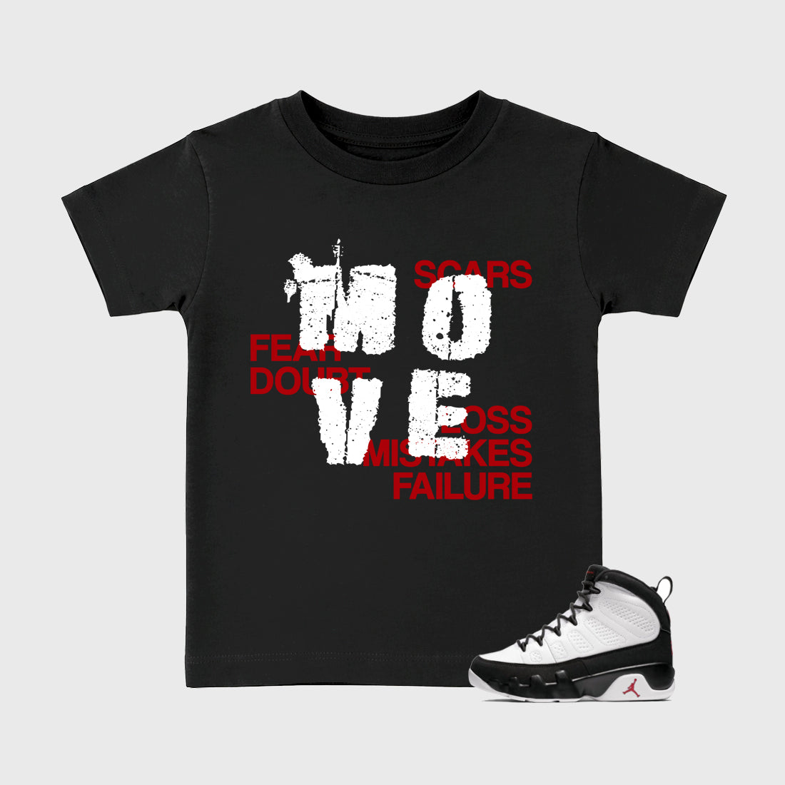 Move Baby & Kids Graphic T-Shirt featuring original artwork designed to match the Air Jordan 9 True Red. Black 1 Kids Graphic Tee.