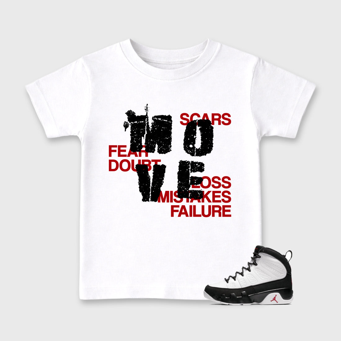 Move Baby & Kids Graphic T-Shirt featuring original artwork designed to match the Air Jordan 9 True Red. White 1 Kids Graphic Tee.