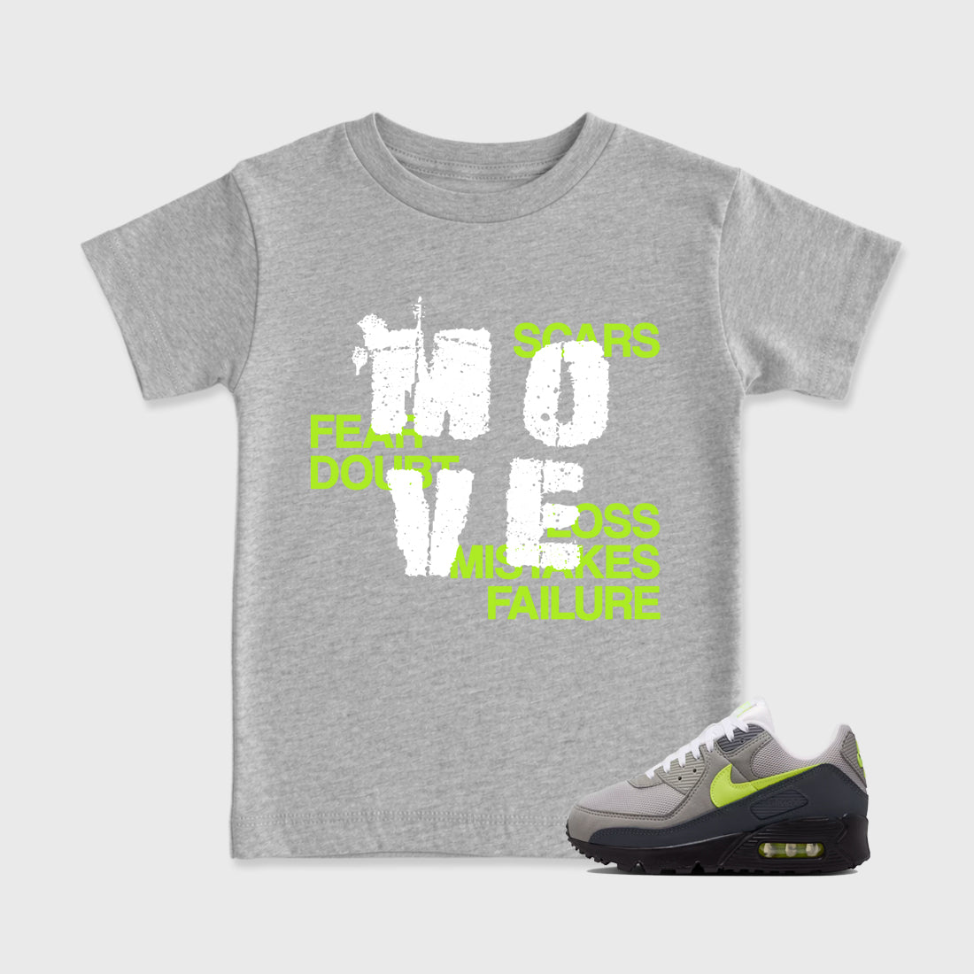 Sneaker match tees – Sneaker Tees To Match Air Max 90 Neon Yellow Shoes – Move Kids T-Shirt Heather Grey 1