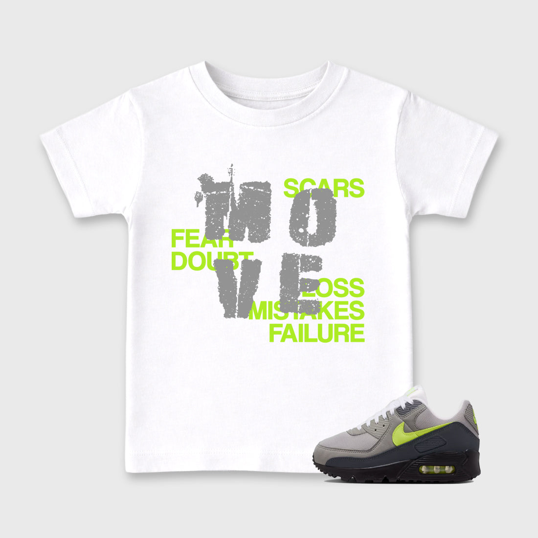 Sneaker match tees – Sneaker Tees To Match Air Max 90 Neon Yellow Shoes – Move Kids T-Shirt White 1