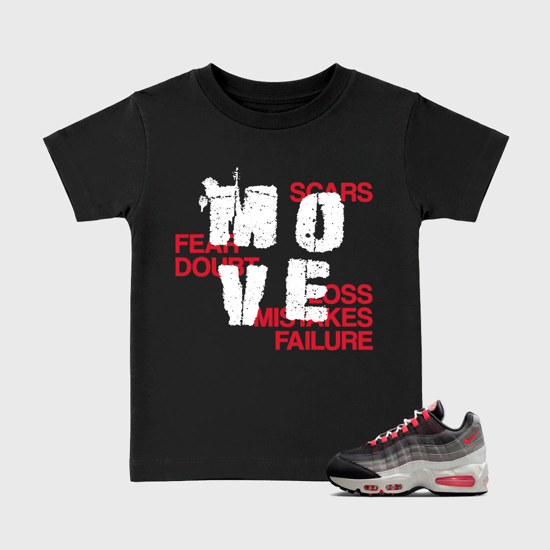 Move Baby & Kids Graphic T-Shirt featuring original artwork designed to match the Air Max 95 Reverse Solar Red. Black 1 Kids Graphic Tee.