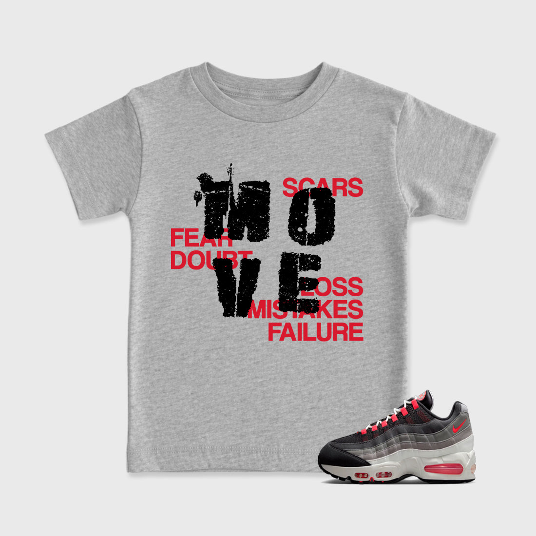 Move Baby & Kids Graphic T-Shirt featuring original artwork designed to match the Air Max 95 Reverse Solar Red. Heather Grey 1 Kids Graphic Tee.