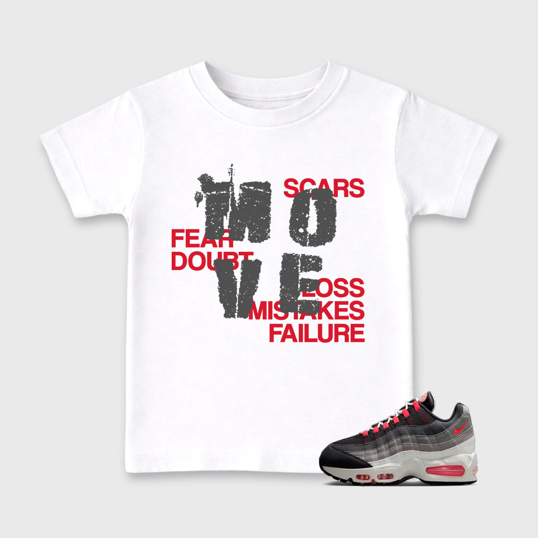 Move Baby & Kids Graphic T-Shirt featuring original artwork designed to match the Air Max 95 Reverse Solar Red. White 1 Kids Graphic Tee.