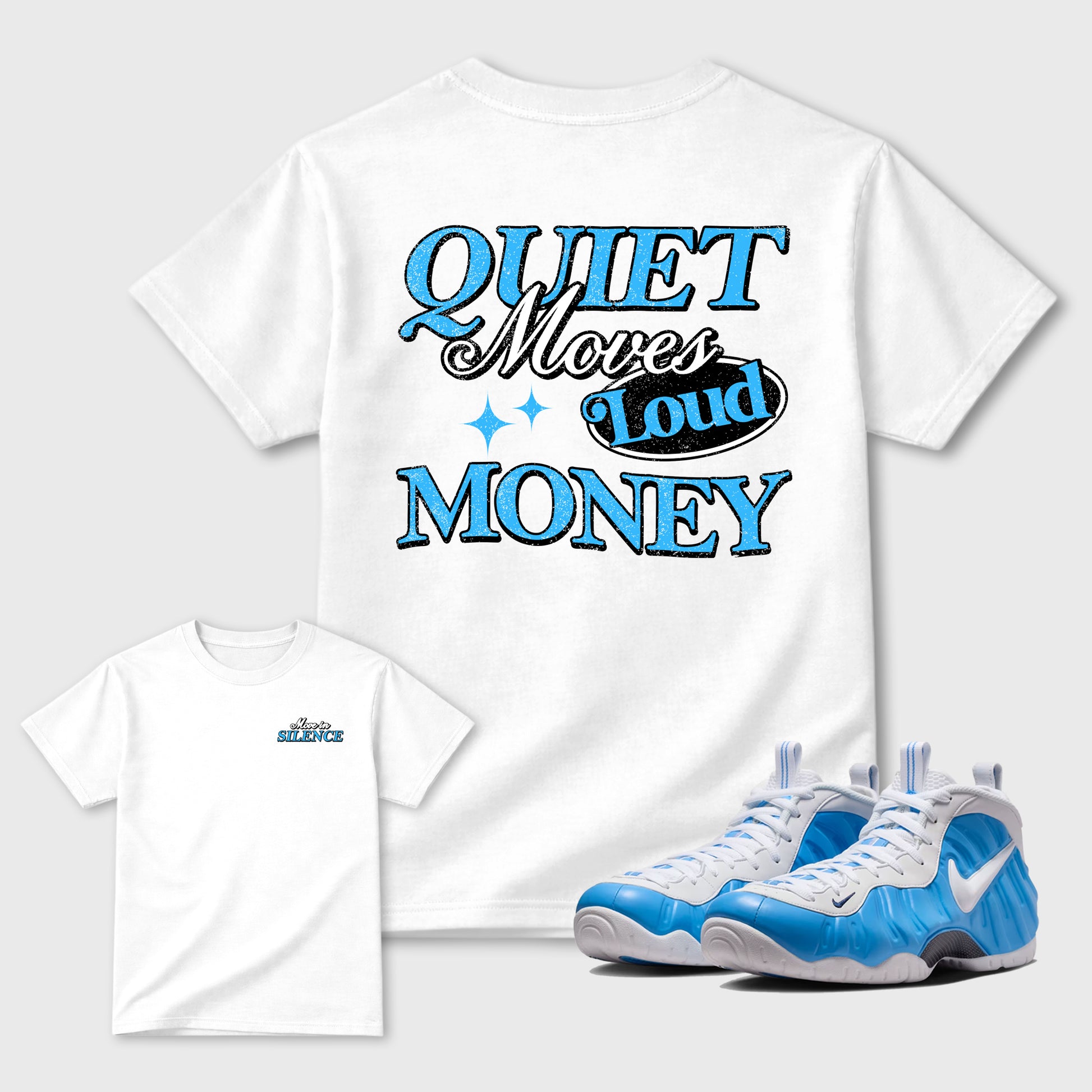 Move In Silence sneaker match t-shirt styled to complete your fit with the Air Foamposite Pro University Blue sneakers, shown in White.