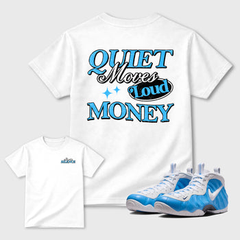 Move In Silence sneaker match t-shirt styled to complete your fit with the Air Foamposite Pro University Blue sneakers, shown in White.