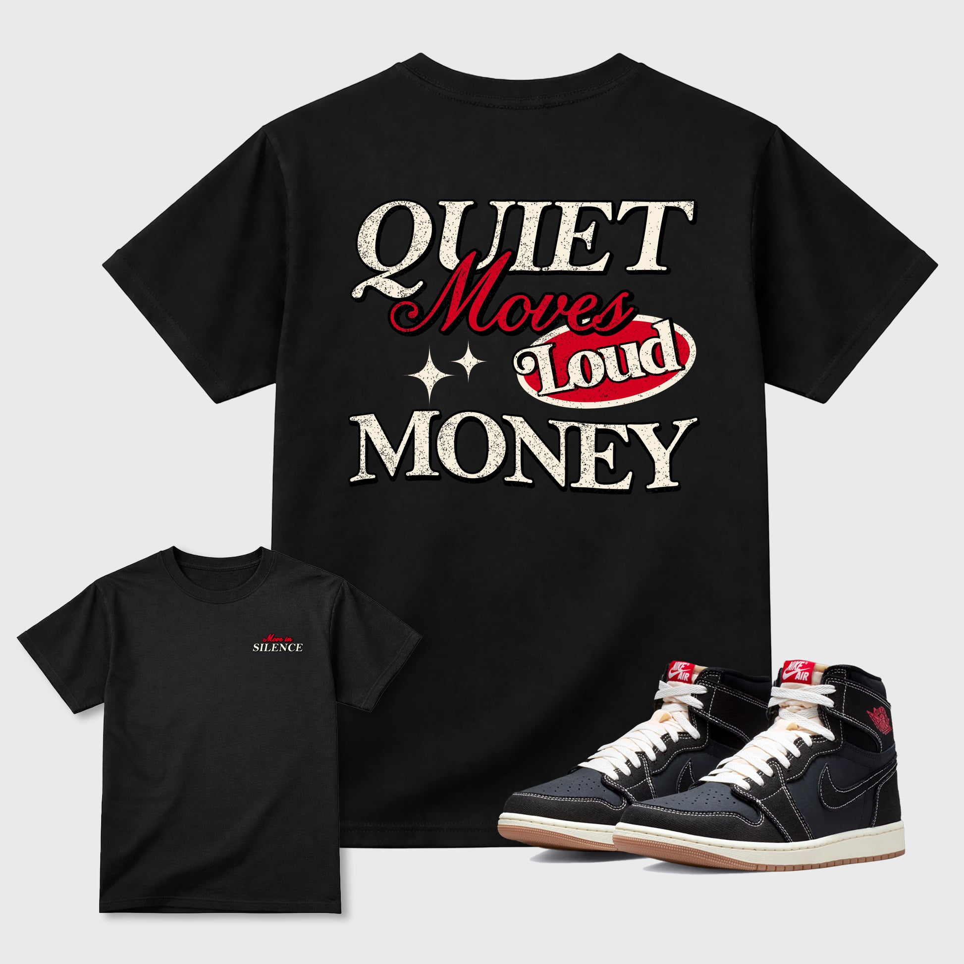 Move In Silencegraphic t-shirt. Streetwear sneakerfit. Sneaker outfit. Complete your fit with the Air Jordan 1 Flight Club sneakers, shown in Black.