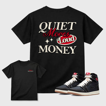Move In Silencegraphic t-shirt. Streetwear sneakerfit. Sneaker outfit. Complete your fit with the Air Jordan 1 Flight Club sneakers, shown in Black.
