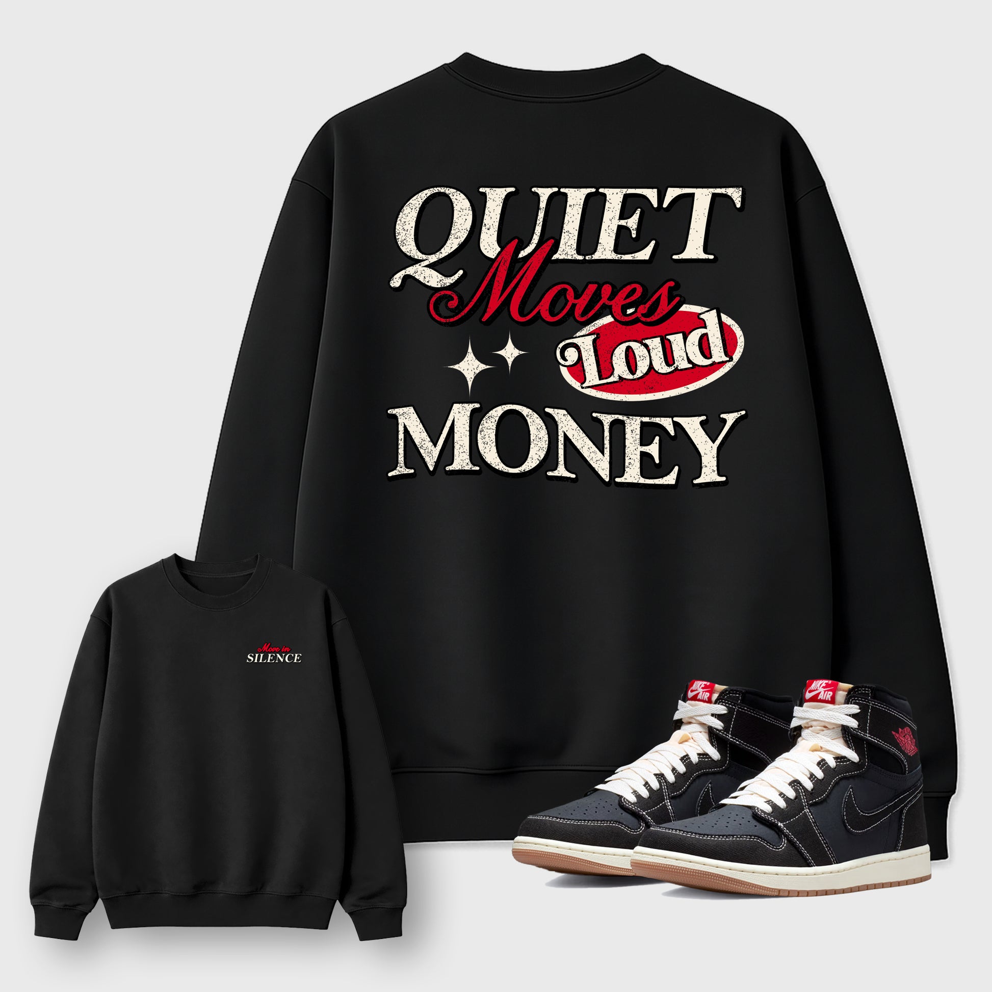 Move In Silencegraphic t-shirt. Streetwear sneakerfit. Sneaker outfit. Complete your fit with the AJ1 Flight Club sneakers,, shown in Black.