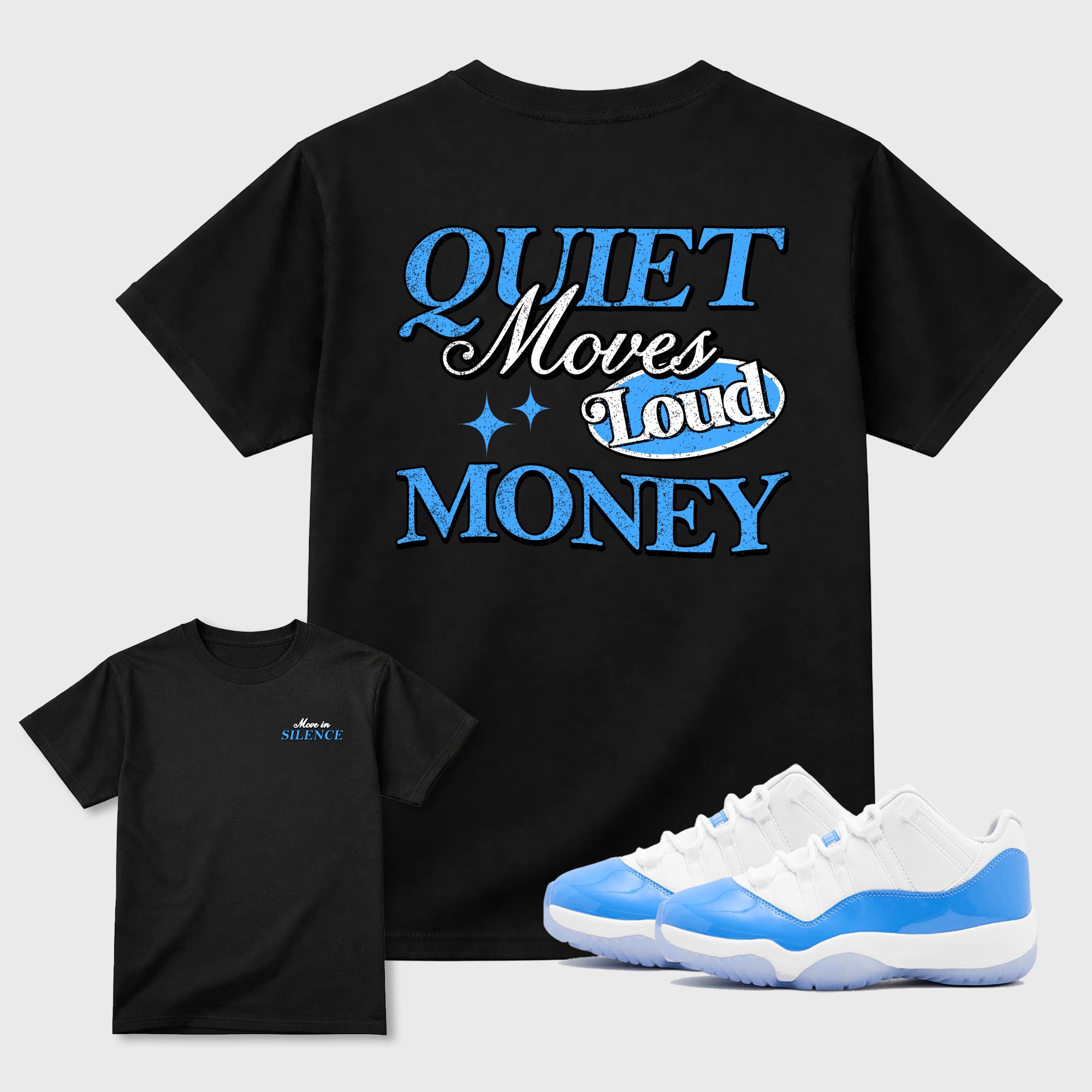 Move In Silence double side sneaker match graphic tee styled to complete your fit with the Air Jordan 11 Legend Blue, shown in Black.