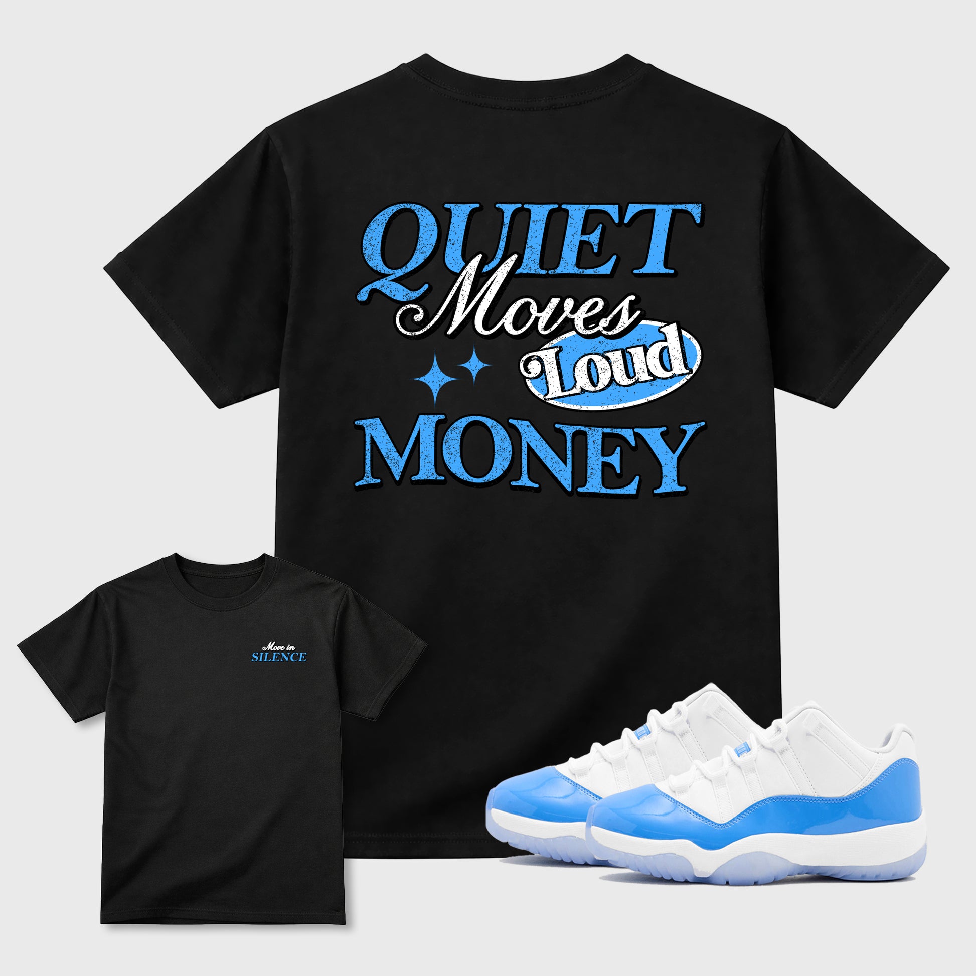 Move In Silence double side sneaker match graphic tee styled to complete your fit with the Air Jordan 11 Legend Blue, shown in Black.