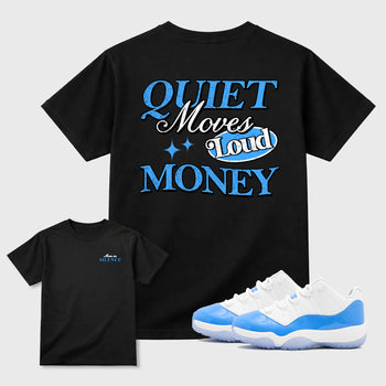 Move In Silence double side sneaker match graphic tee styled to complete your fit with the Air Jordan 11 Legend Blue, shown in Black.