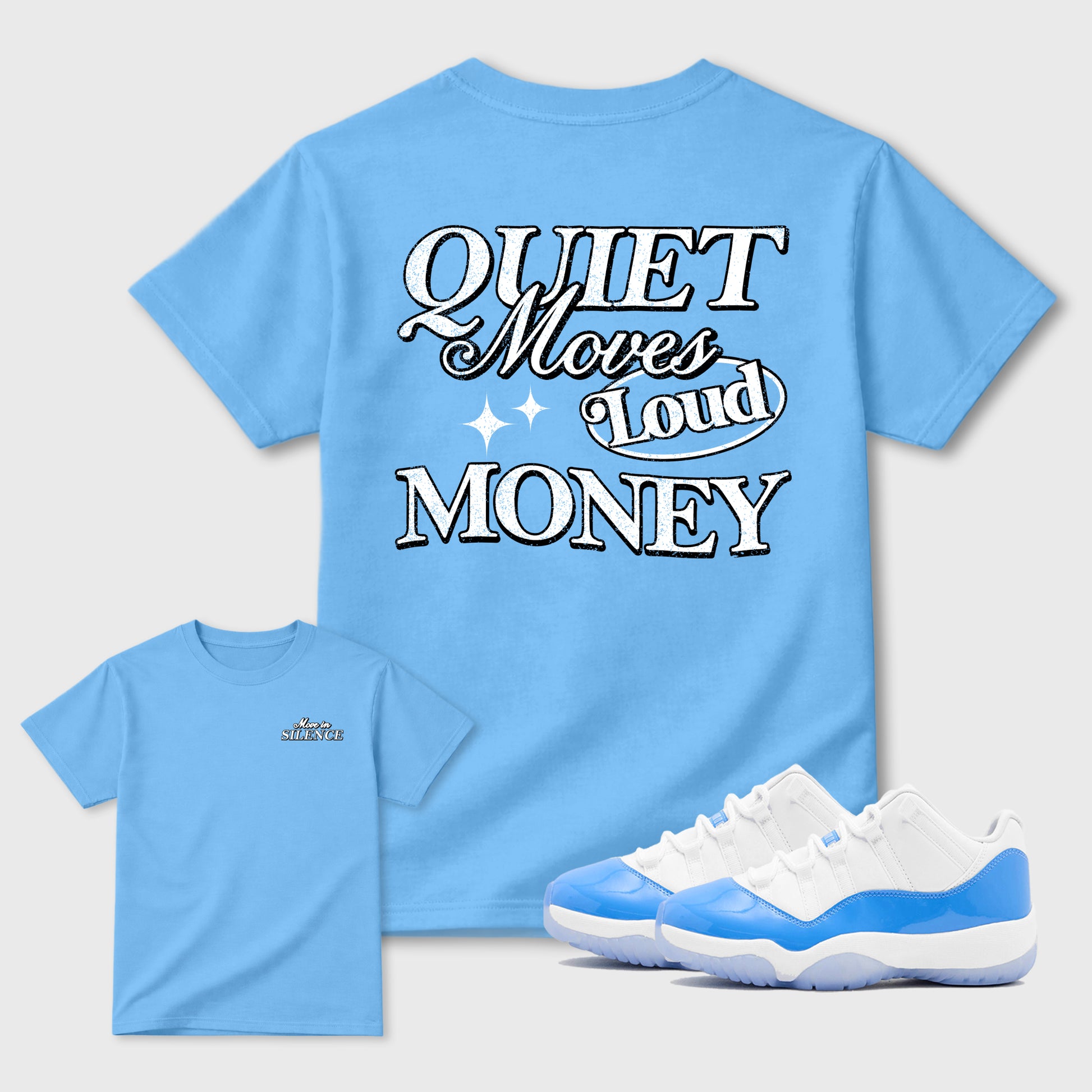 Move In Silence double side sneaker match graphic tee styled to complete your fit with the Air Jordan 11 Legend Blue, shown in Carolina Blue.